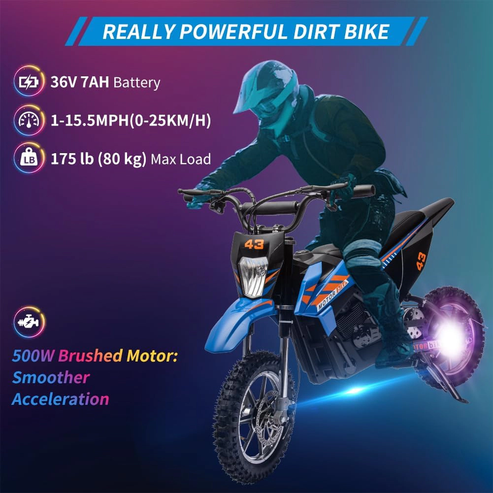 36V Teens Electric Dirt Bike, 15.5MPH Off-Road Motorcycle w/500W Brushed Motor, Disc Brake, LED Light, Leather Seat