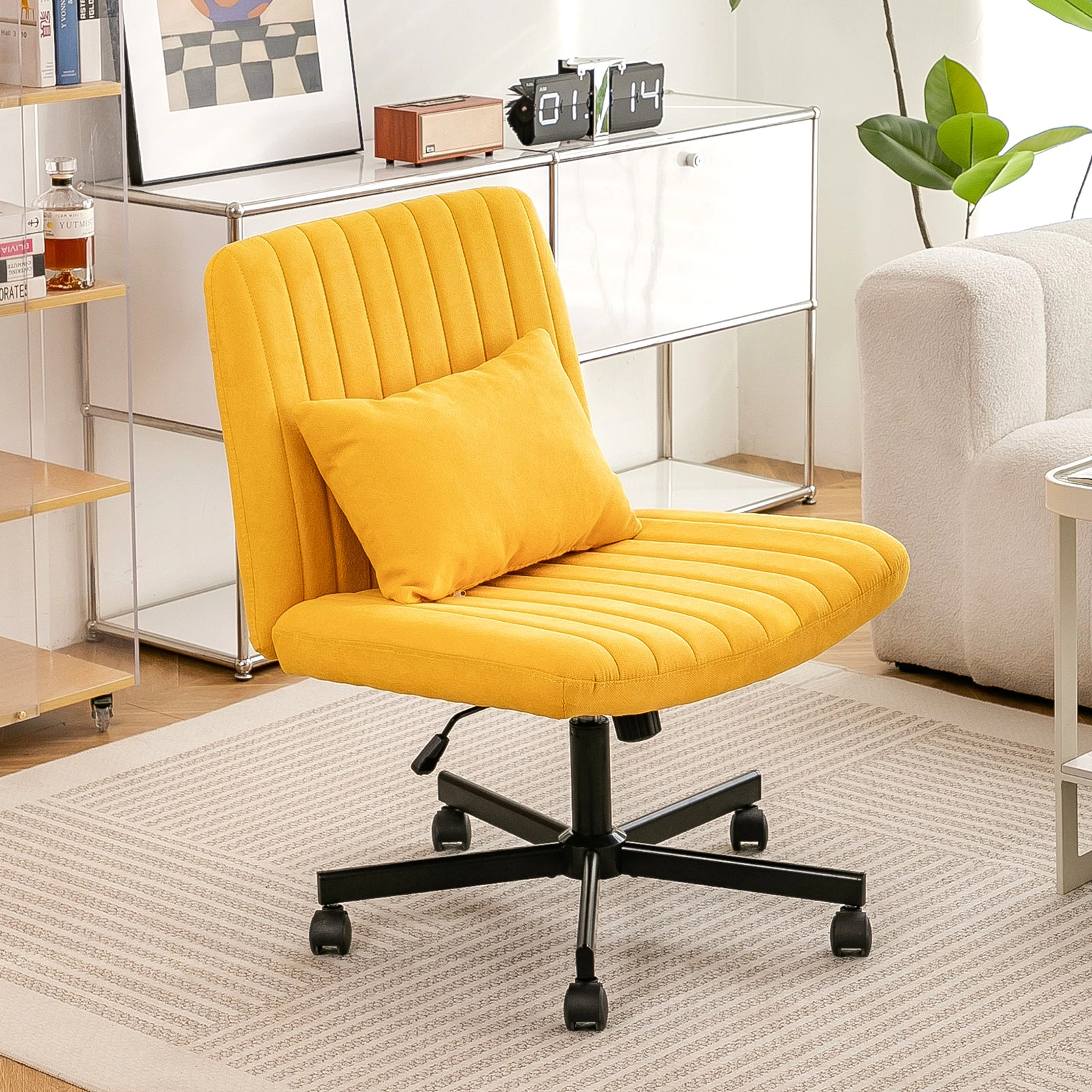 Platinum-Level Office Chairs Yellow Linen Criss-Cross Office Chair with Wheels, Ergonomic Comfort