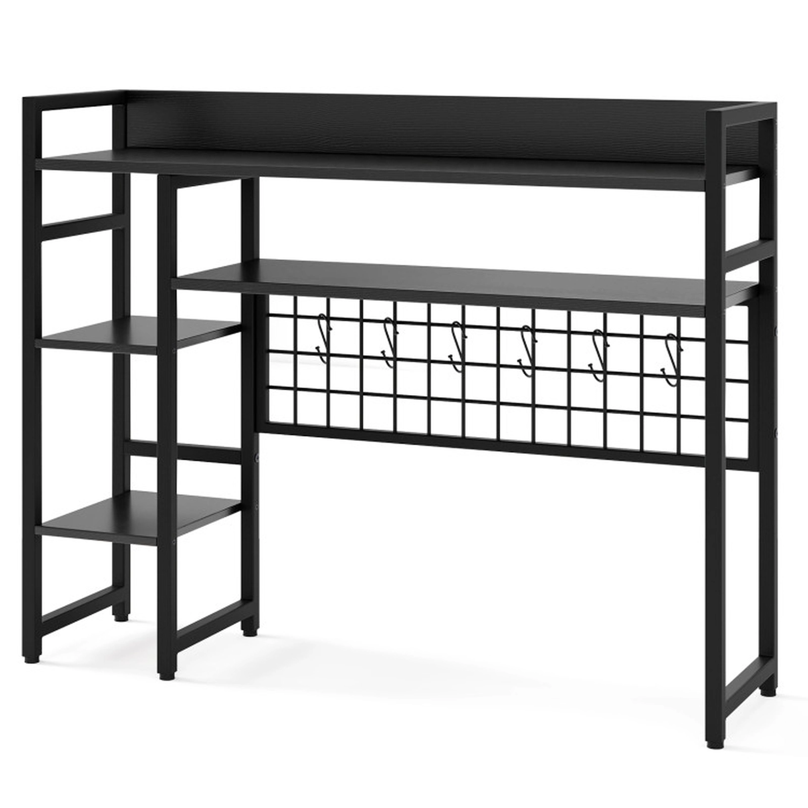 SUGIFT 4-Tier Black Desktop Bookshelf Desk Hutch with 6 Removable Hooks and Anti-Tipping Kits for Books