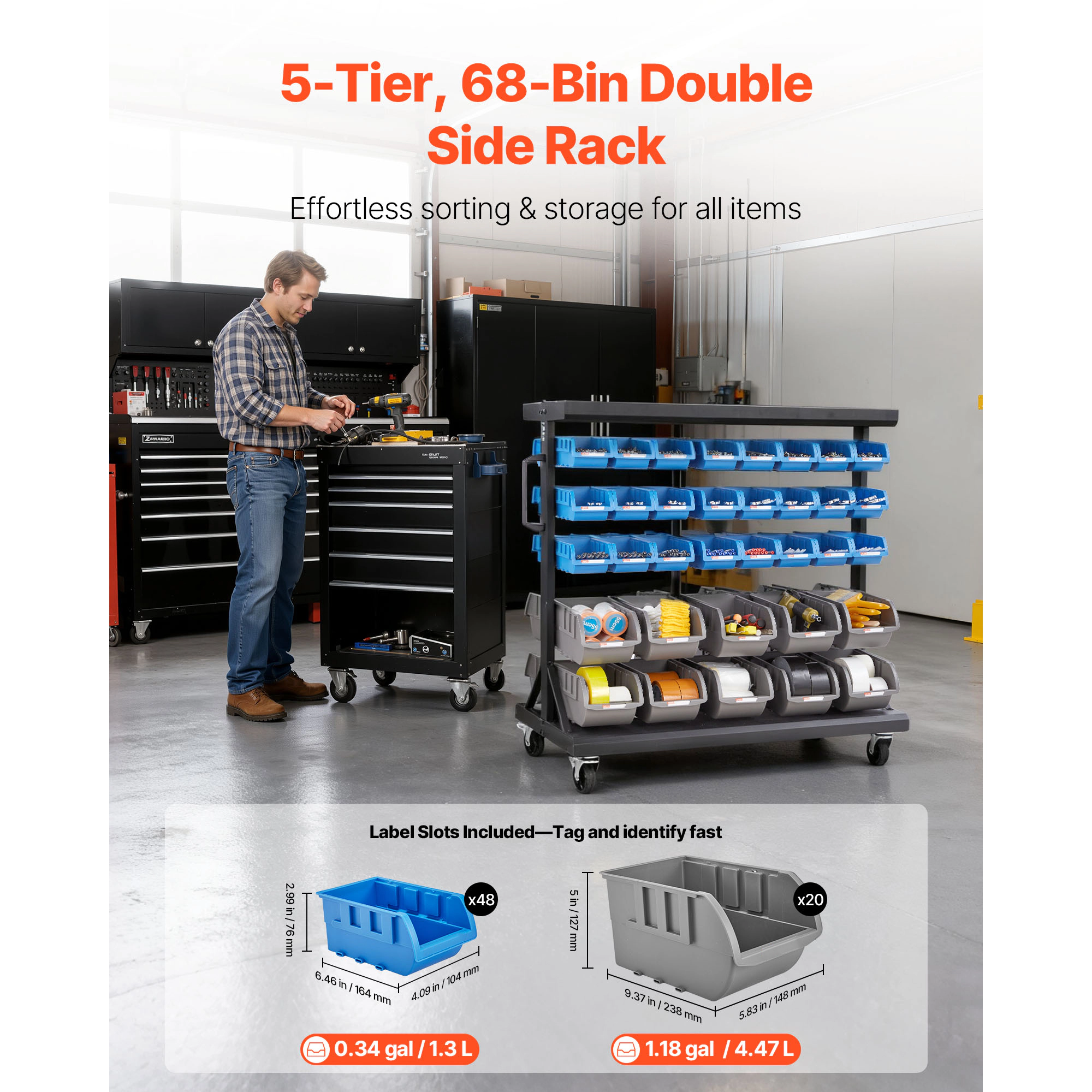 HONGGE Rolling Bin Storage Rack Bins with Wheels for Garage Warehouse