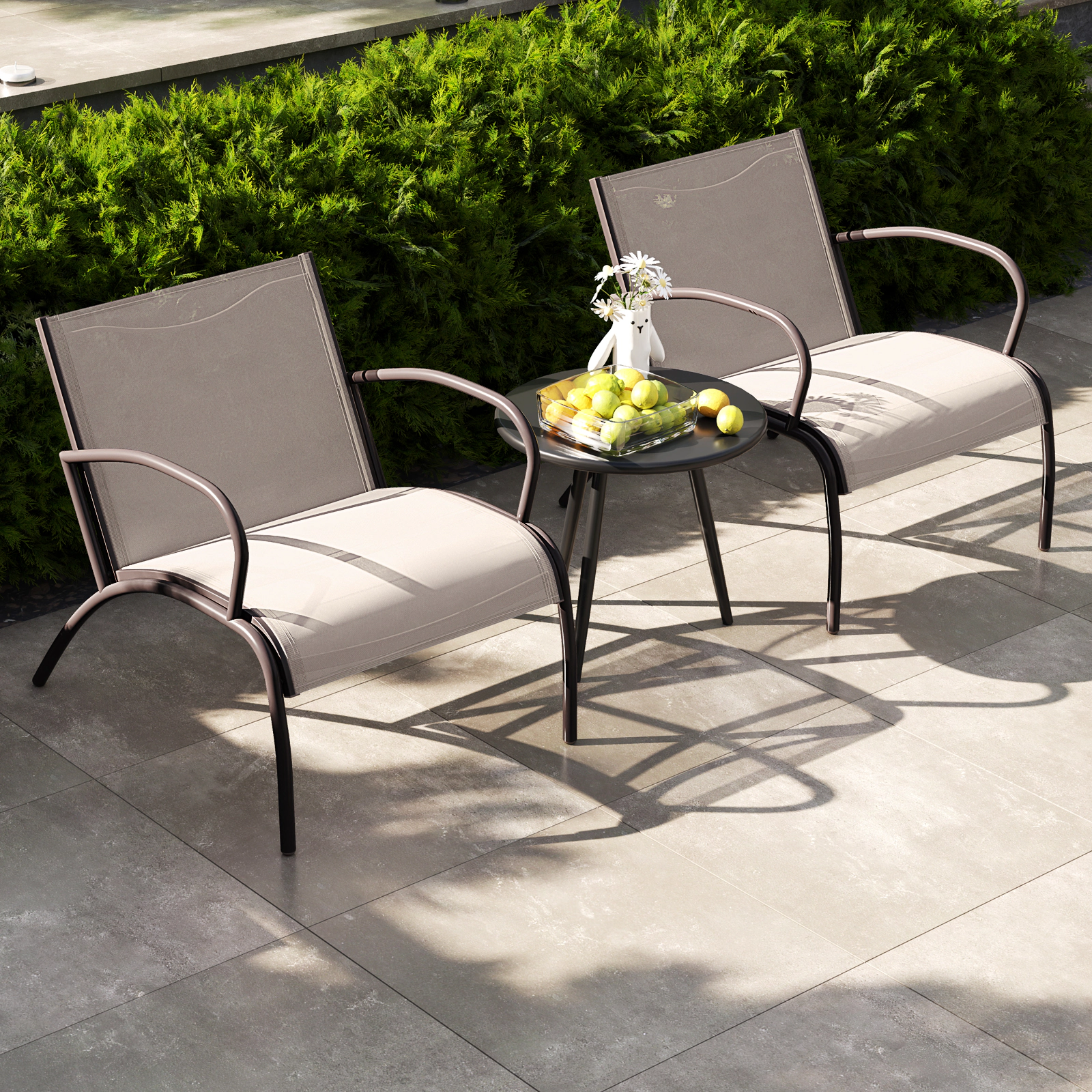 SUGIFT 3 Piece Patio Aluminum Wide Armchair and Coffee Table Conversation Set 400-lb Chair Capacity Black Light Brown