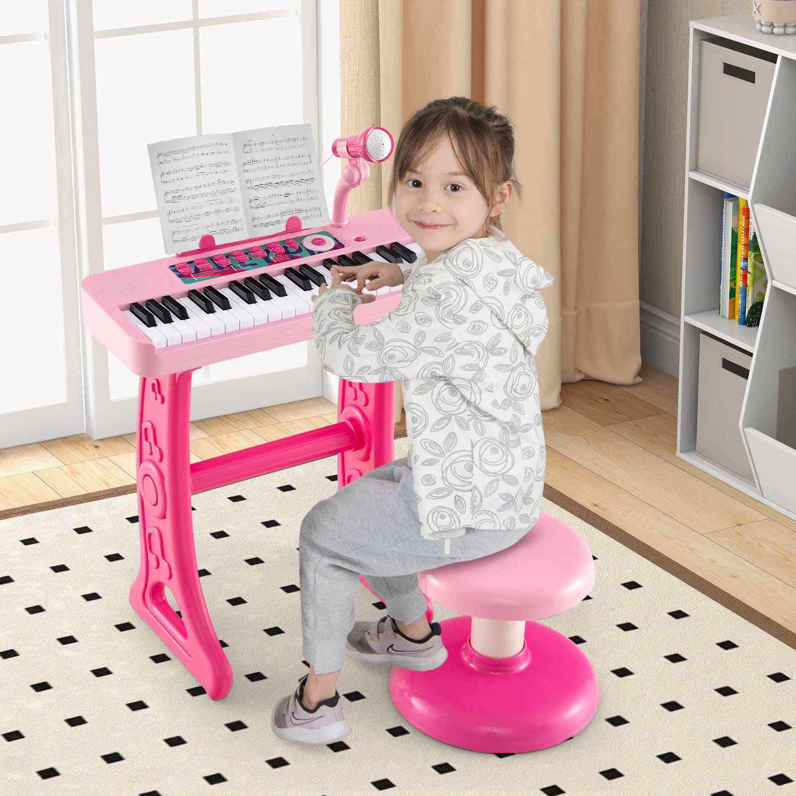 SUGIFT Pink 37-Key Kids Piano Keyboard with Adjustable Microphone Detachable Legs Stool and Music Stand