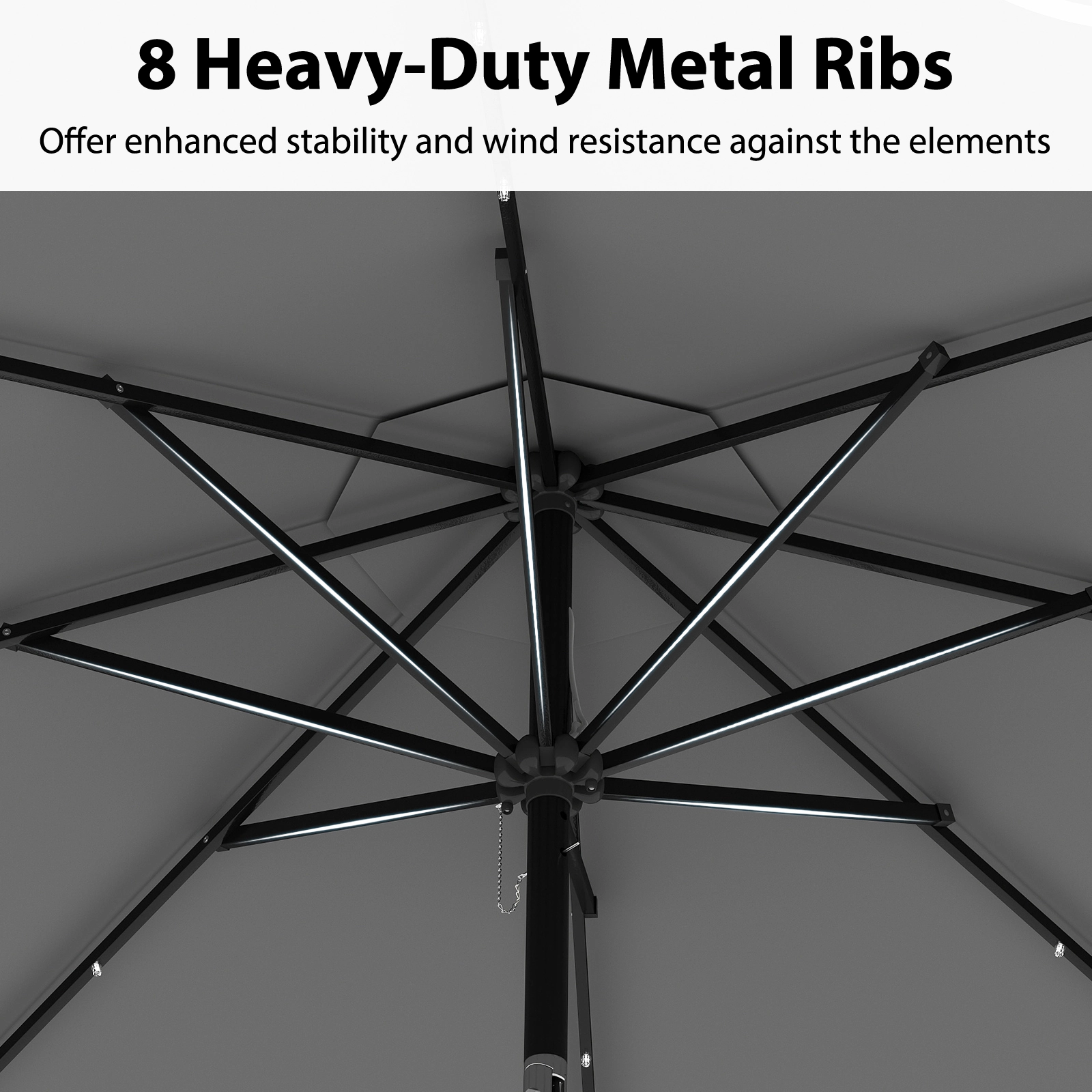 SUGIFT 10-ft Gray Solar LED Patio Umbrella with 24 Lights Push-Button Tilt and Vented Ruffled Canopy
