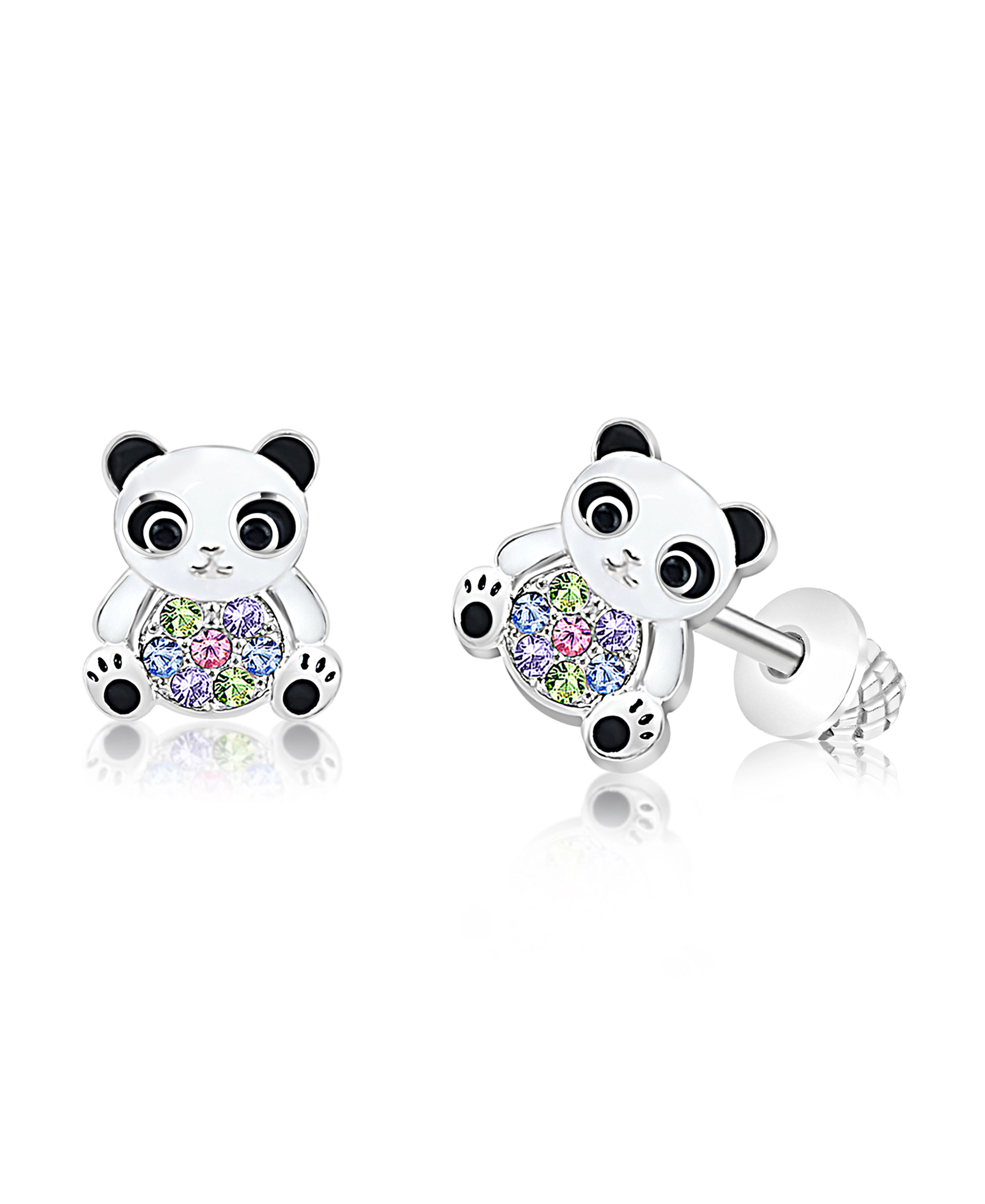 CHANTEUR Kids Panda Stud Earrings - Multi-Color Crystal, White Gold Palladium Plating, Screw Back