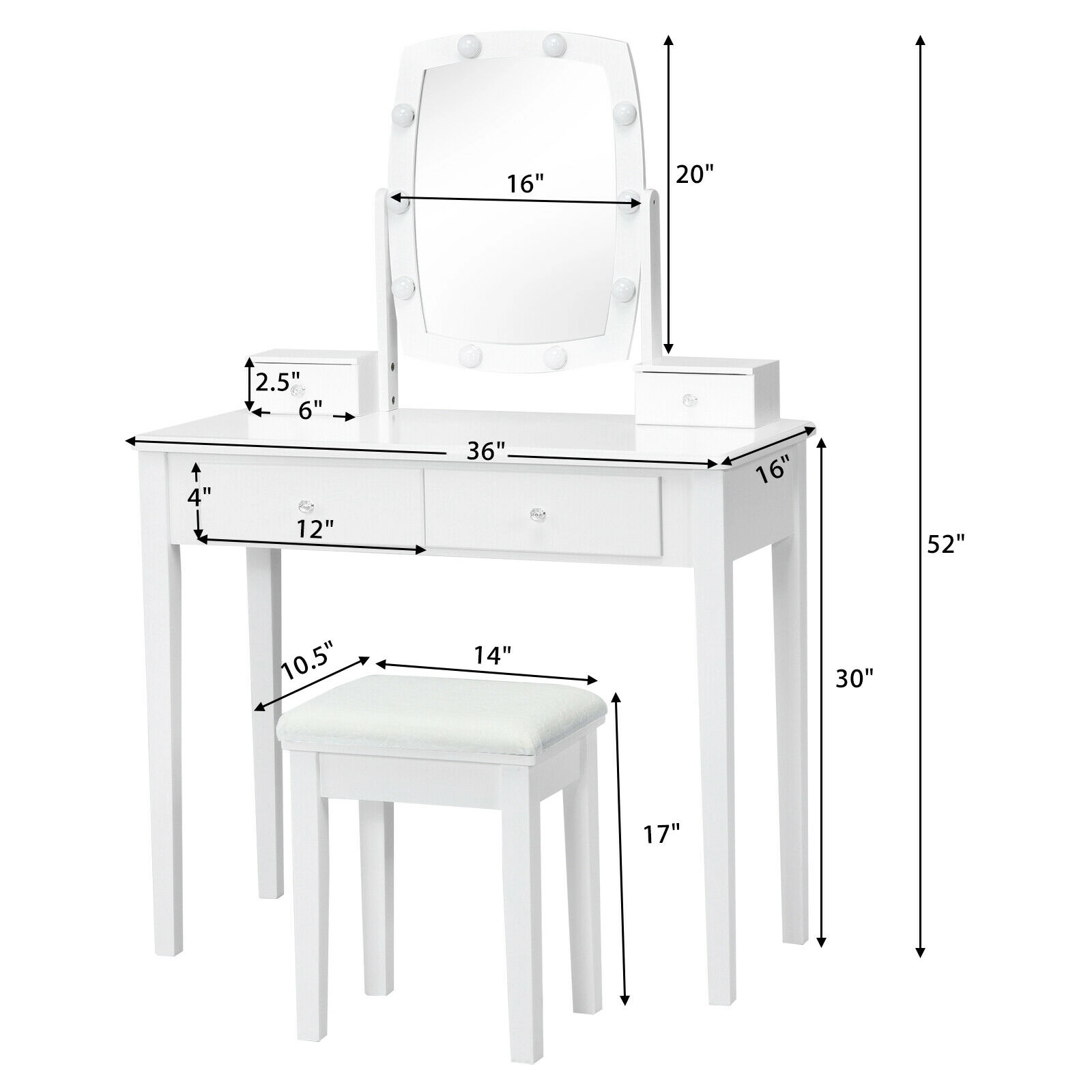 SUGIFT Makeup Vanity Set with 10 Dimmable Bulbs, Rotating Mirror, 4 Drawers and Stool