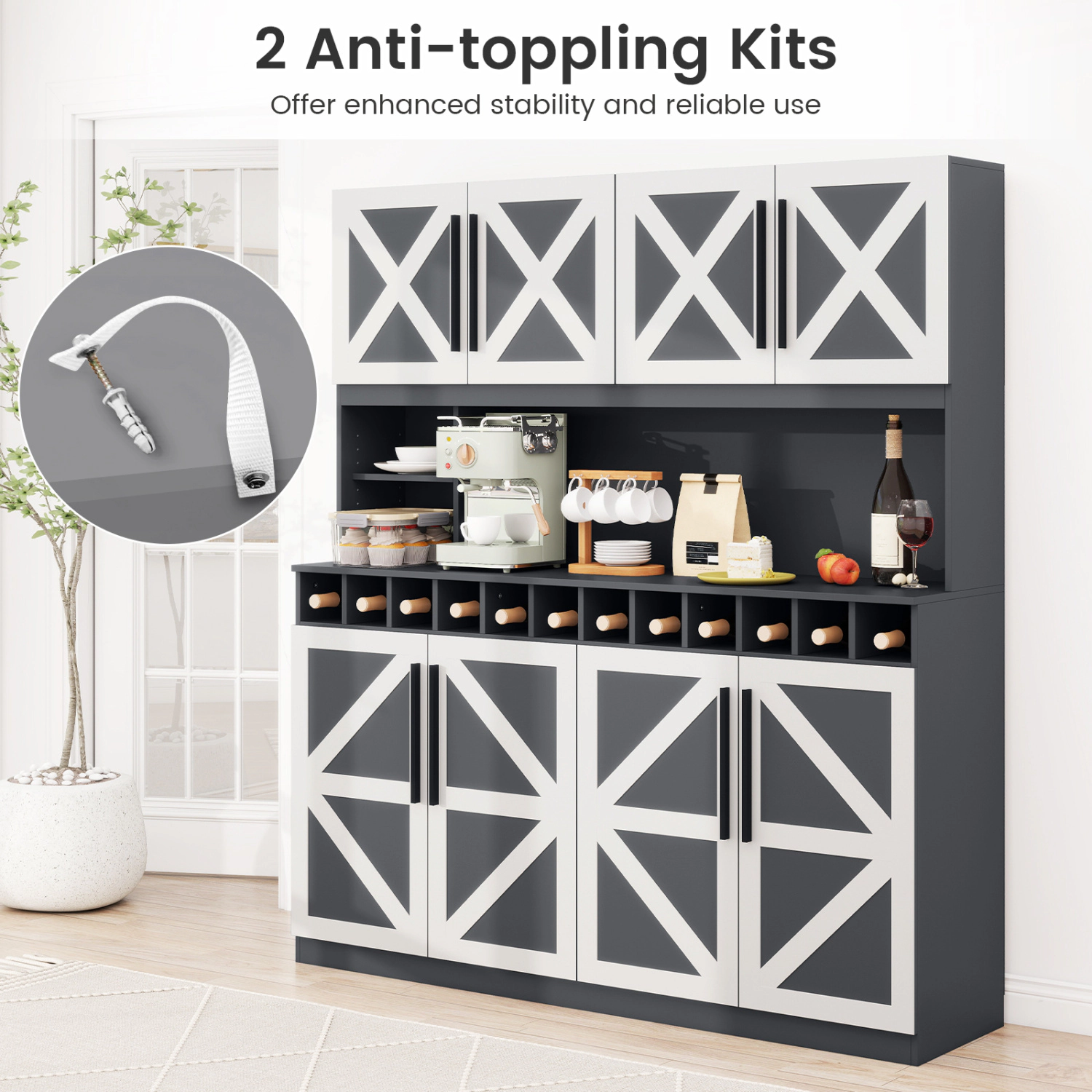 Glintex 70-Inch Farmhouse Pantry Hutch with 12-Bottle Wine Rack