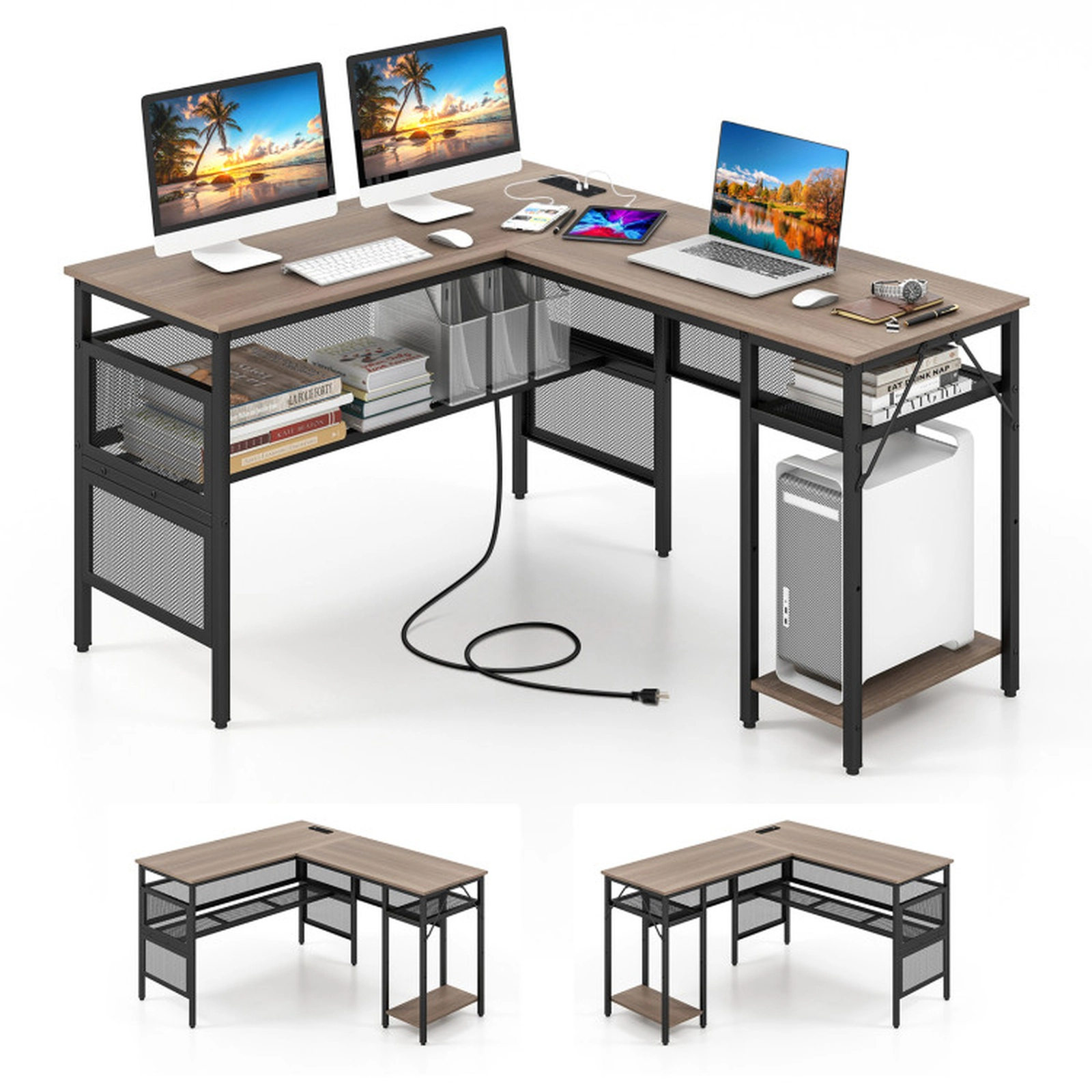 SUGIFT 330-lb Capacity Grey Wash Reversible L-Shaped Computer Desk with Charging Station and Mesh Shelves