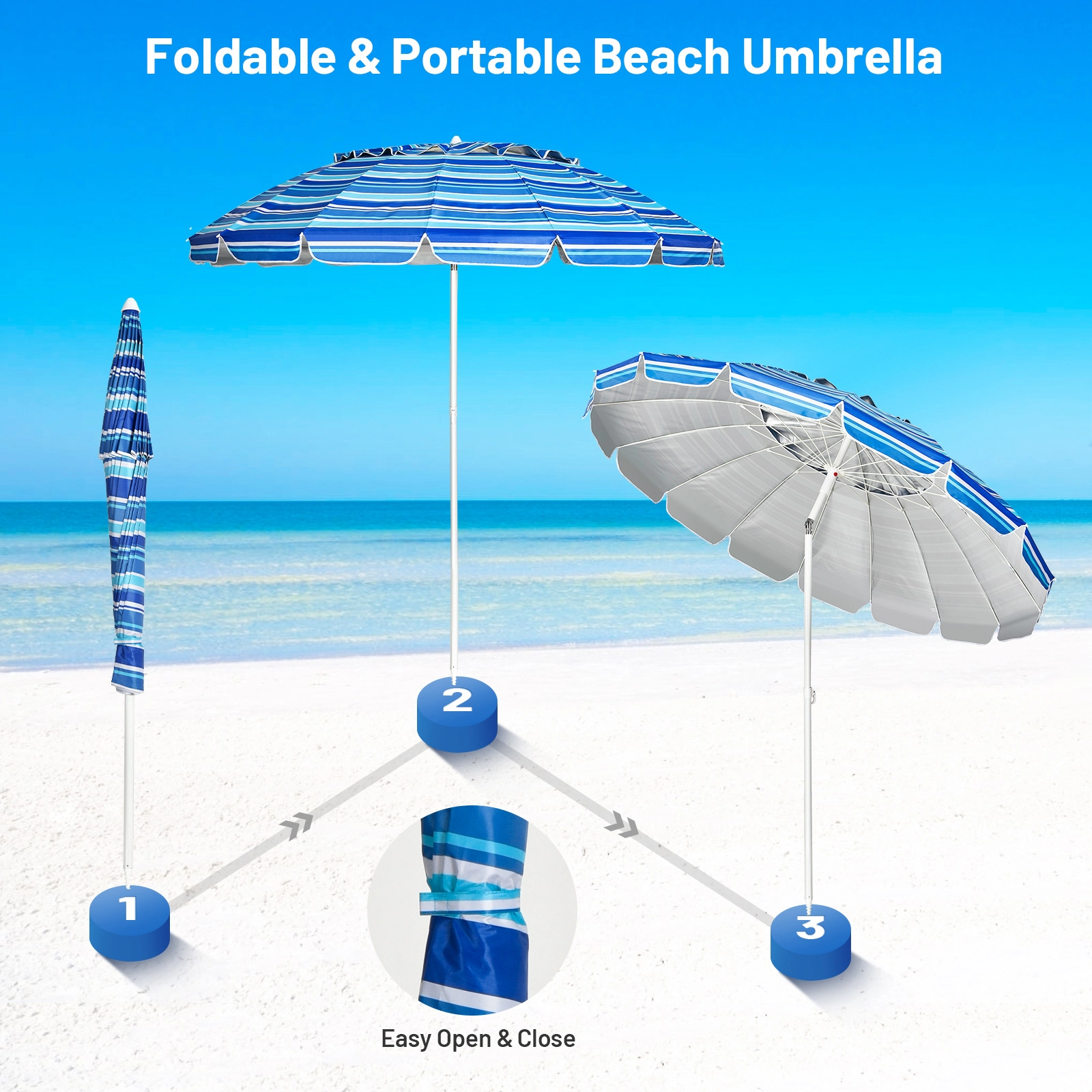SUGIFT 8-ft Portable Beach Umbrella with Sand Anchor and Tilt Mechanism for Garden and Patio Navy