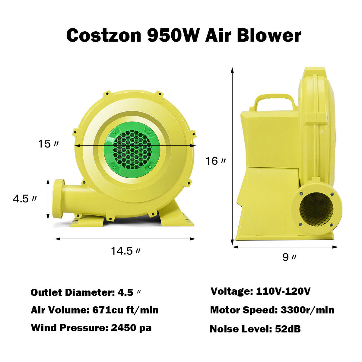 SUGIFT 950W 1.25-HP Air Blower Pump Fan for Inflatable Bounce House with 13-ft Cord and Top Handle