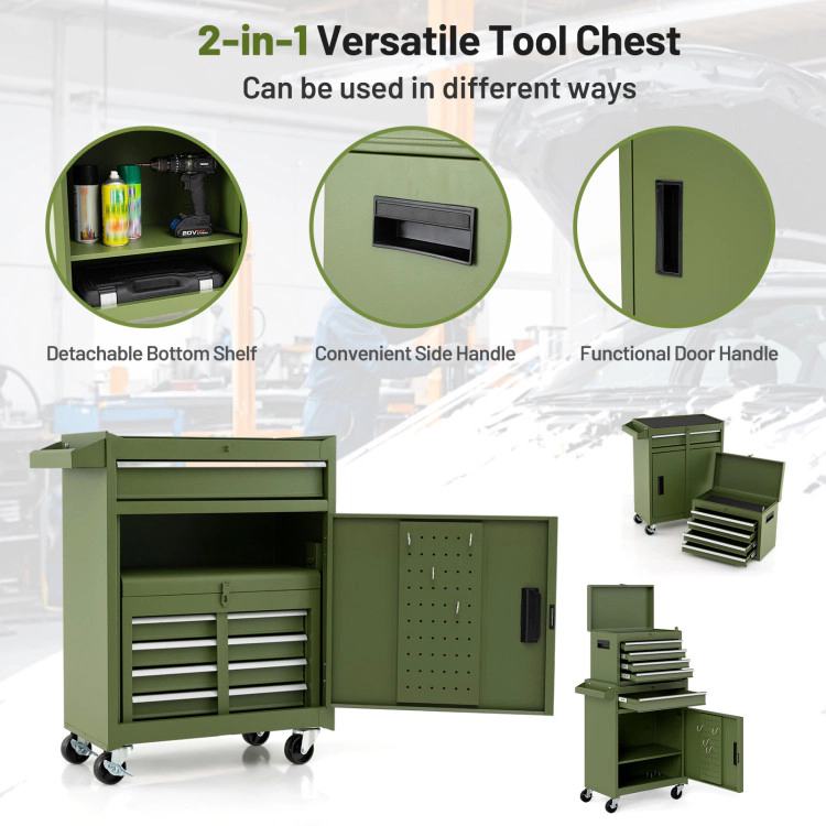 SUGIFT 2-in-1 Rolling Tool Combination Cabinet with 5 Sliding Lockable Drawers 220.5-lb Capacity Green