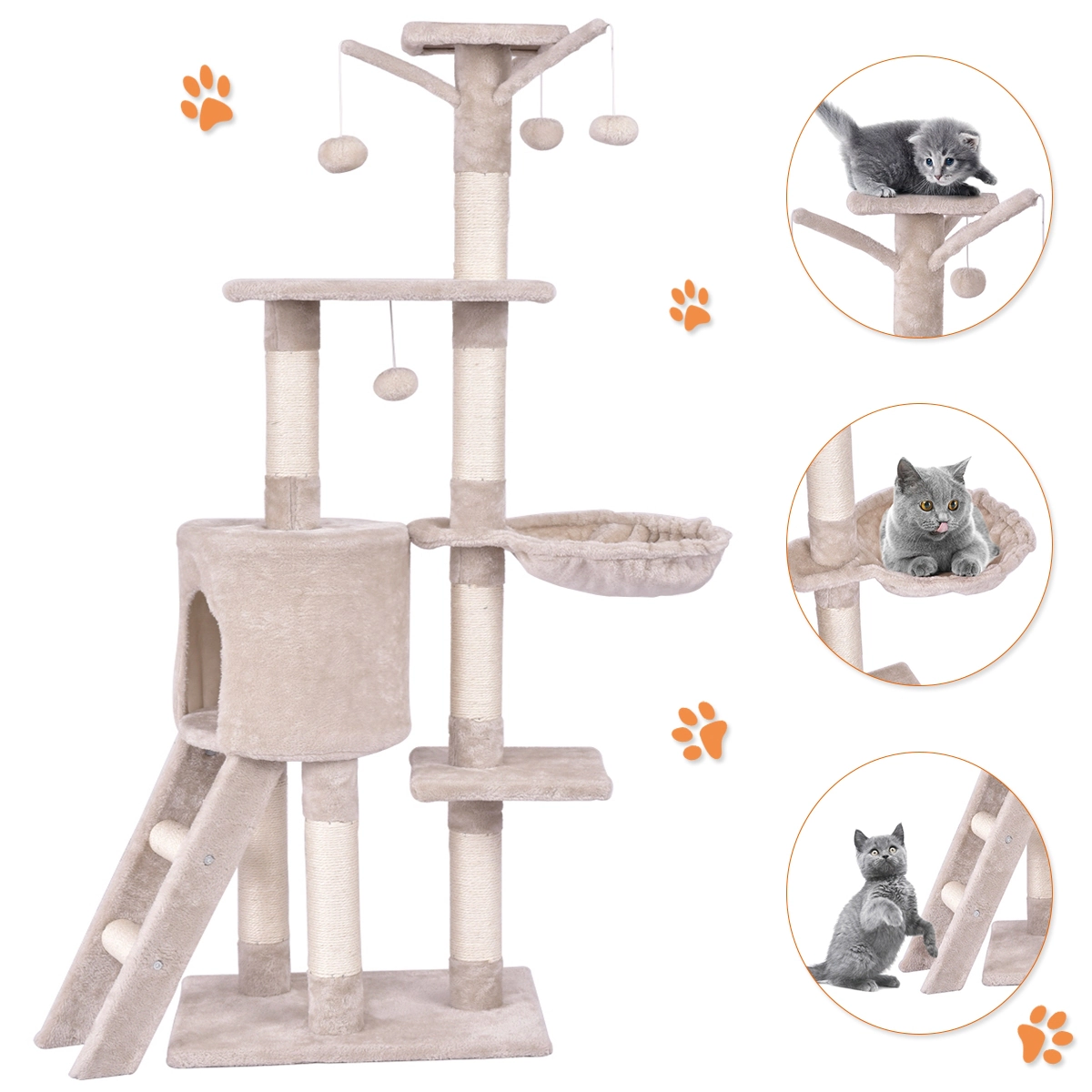 SUGIFT 56 in Cat Play Tree Beige with Condo Scratching Posts and Climbing Ladder