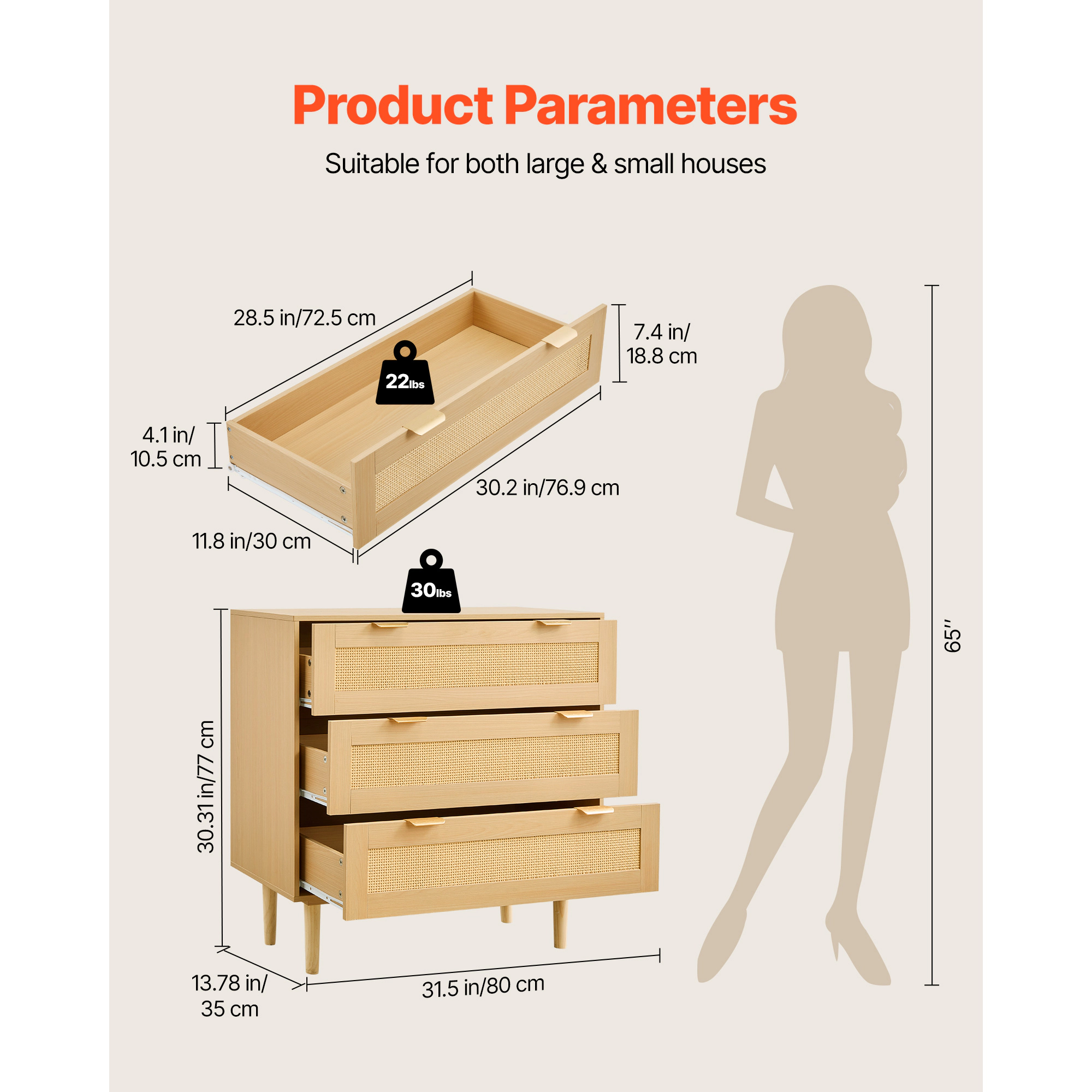 HONGGE Rattan Dresser Modern Closet Dresser for Bedroom Natural Rattan Chest of Drawers with Metal Handles & Wooden