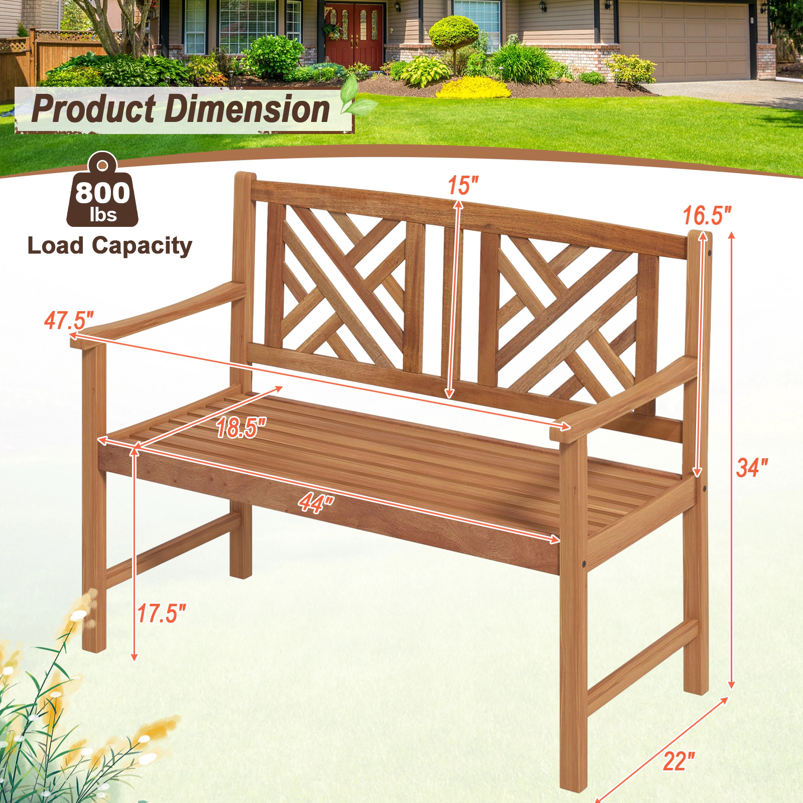 Hivvago 2-Person Wood Outdoor Bench With Cozy Armrest And Backrest