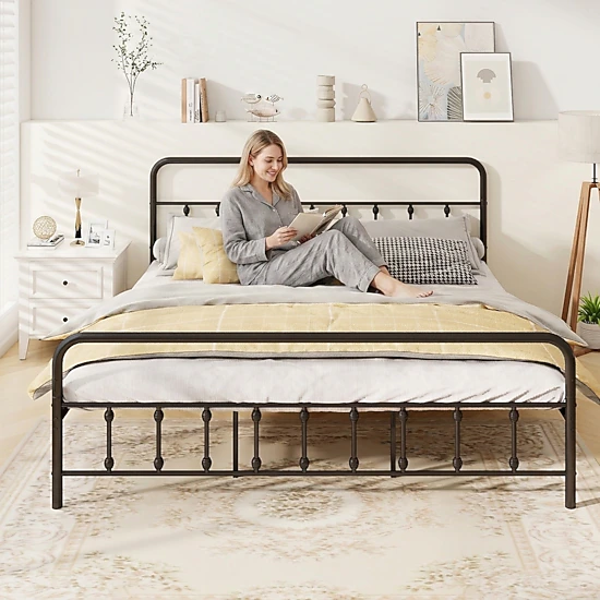 SUGIFT King Metal Platform Bed, Victorian Open-Frame Headboard and Footboard, Black