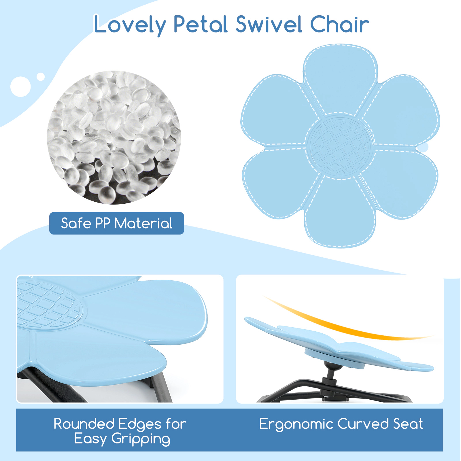 Kids Sensory Swivel Chair 360-Degree Spinning Chair with Petal Shaped PP Seat Ball Bearing Base Non-Slip Pads Blue