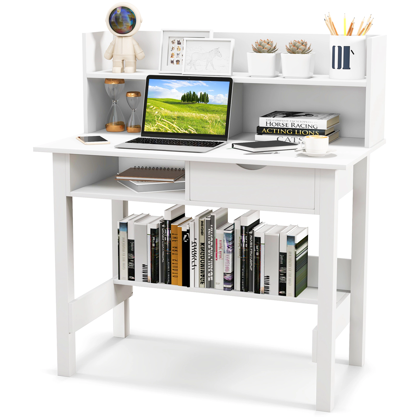 SUGIFT 37.5-Inch White Home Office Desk with Hutch, Drawer, Guardrail and USB Power Outlet