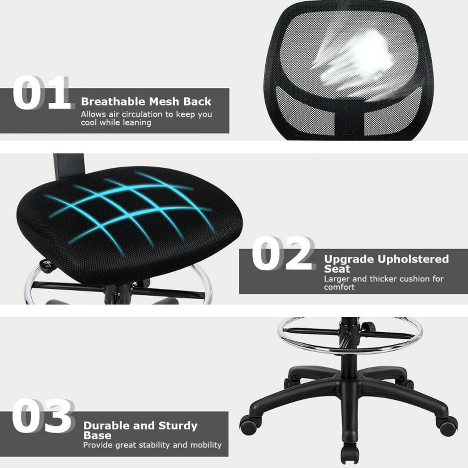SUGIFT Breathable Mesh Mid Back Drafting Office Chair Adjustable Height 330-lb Capacity 21-28.5-in Seat Black
