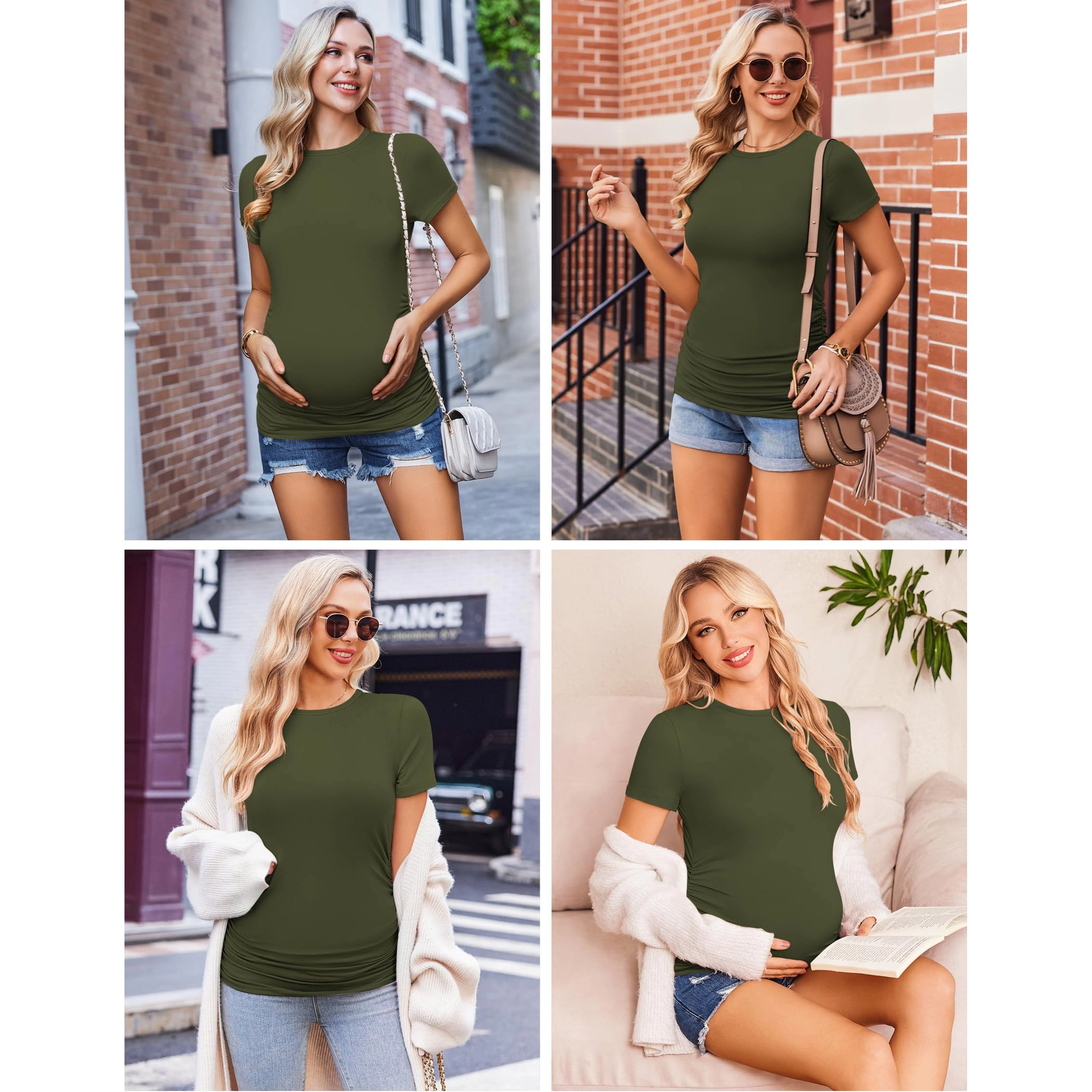 Ekouaer Women's Maternity Short Sleeve Crew Neck Ruched Side T-Shirt