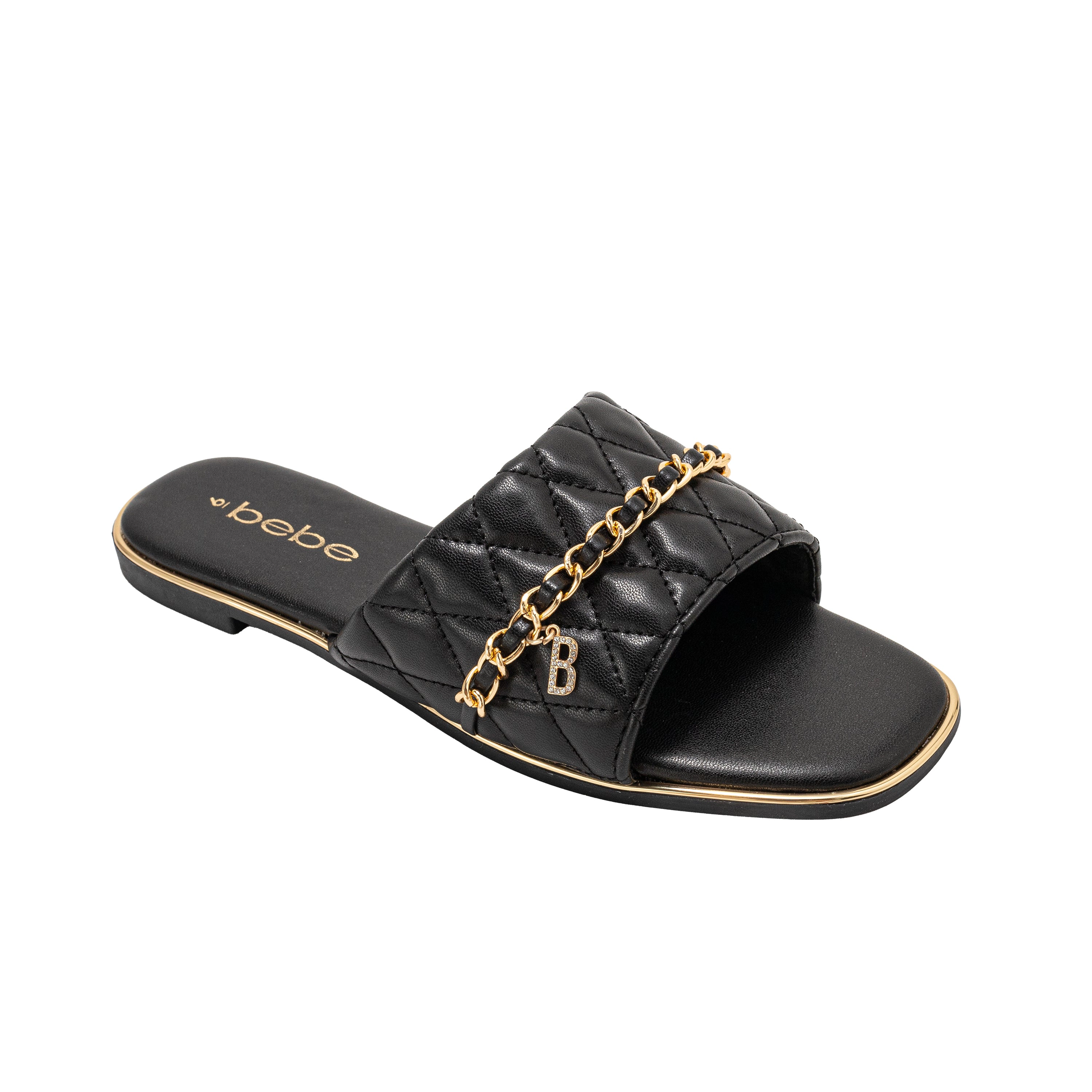 bebe Women's Quilted Slide Sandals with Chain Detail Slip On Flats