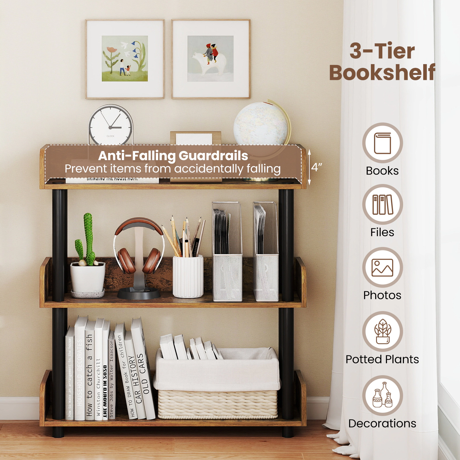 SUGIFT 3-Shelf Rustic Brown 31.5-in Wide Low Bookshelf Open Display Storage Unit with Anti-Tipping Kit