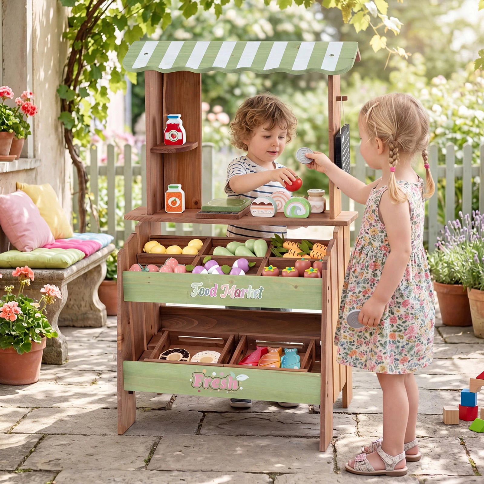 SUGIFT Chalkboard and 43 Accessories Kids Wooden Grocery Store Playset