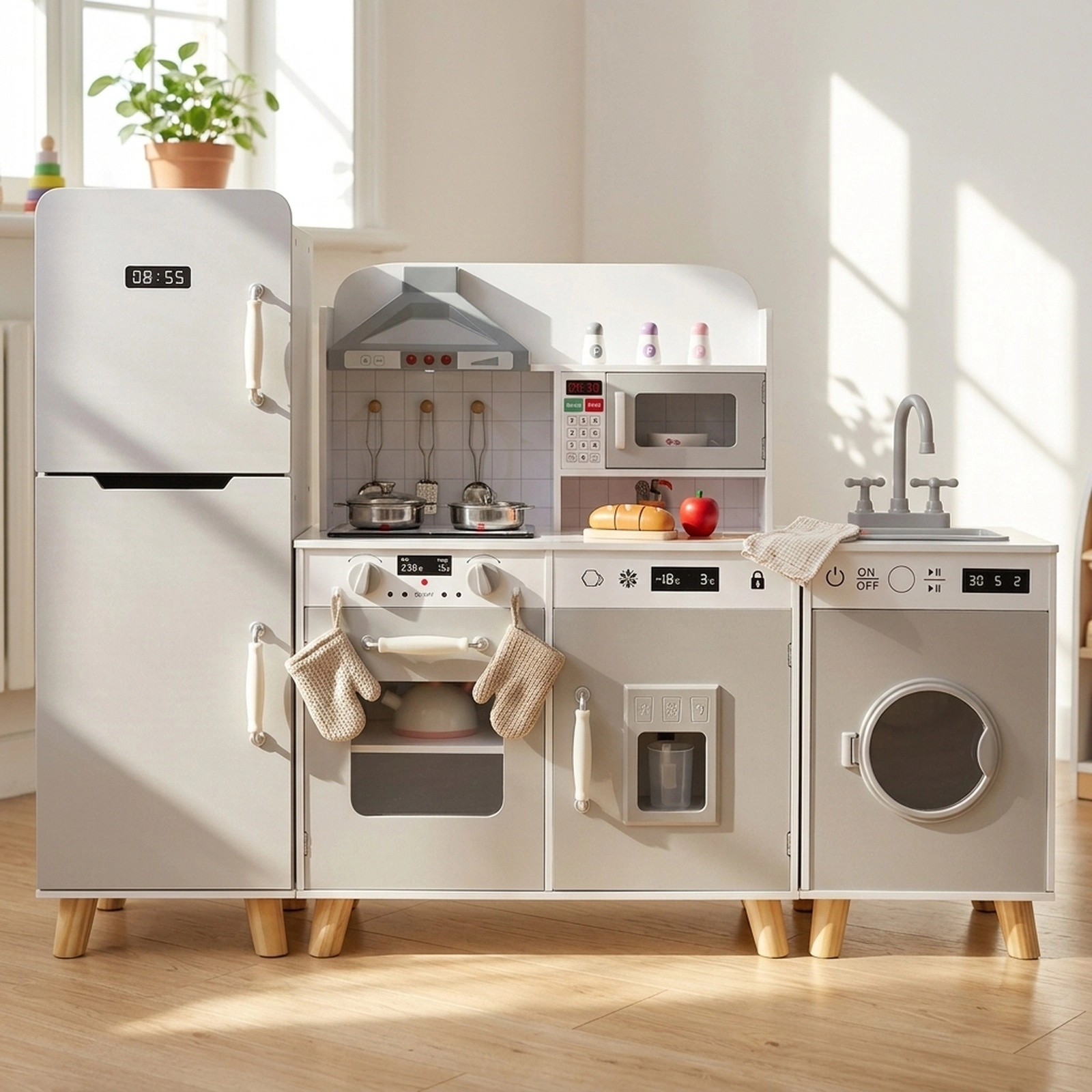 3-in-1 Kids Kitchen Playset Refrigerator Washing Machine 360-Degree Faucet Range Hood 47.5-in x 12-in x 35.5-in Gray