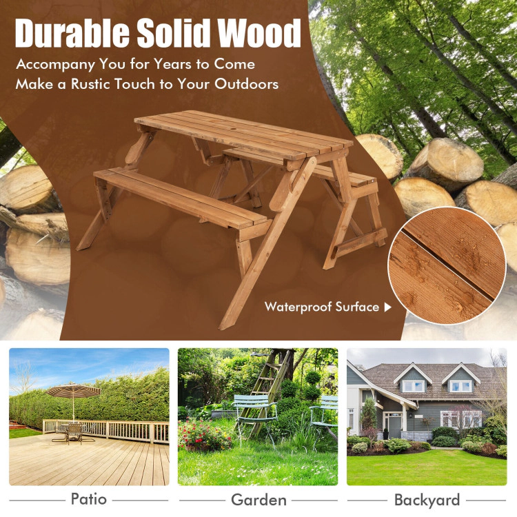 Hivvago 2-In-1 Transforming Interchangeable Wooden Picnic Table Bench With Umbrella Hole