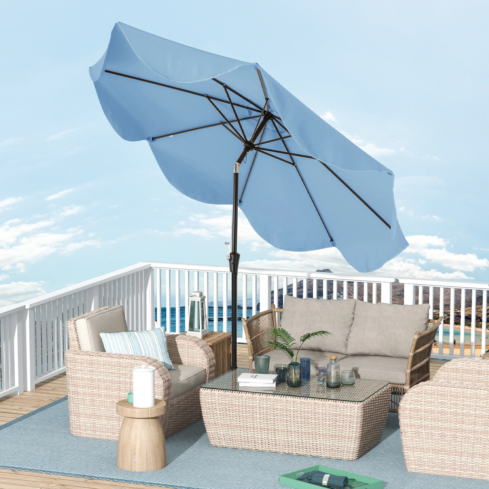 SUGIFT 9-ft Patio Umbrella with Crank Handle and Push Button Tilt 9 x 8-ft Canopy 12-lb Net Weight Navy