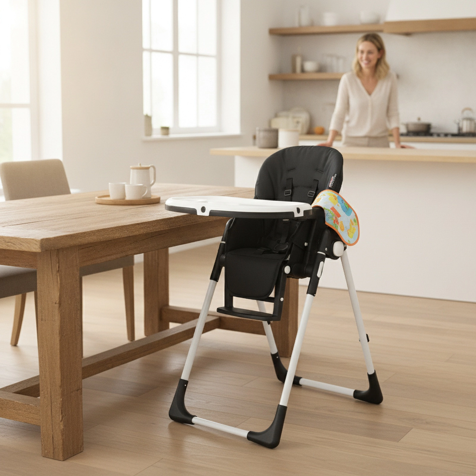 Foldable Baby High Chair Silent Rear Wheels 7 Adjustable Heights 5-Position Recline for Babies and Toddlers Black