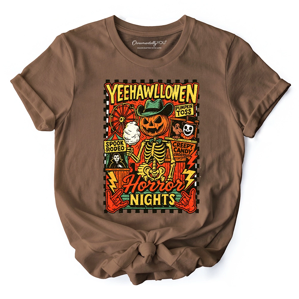OrnamentallyYou Unisex Yee Haw Halloween Retro Pumpkin Skeleton T-Shirt