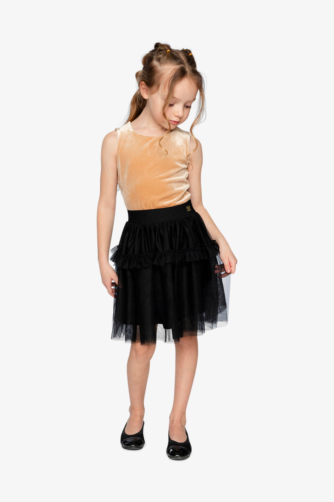 Deux par Deux Girls Bi-Material Sleeveless Tiered Mesh Ruffle Dress