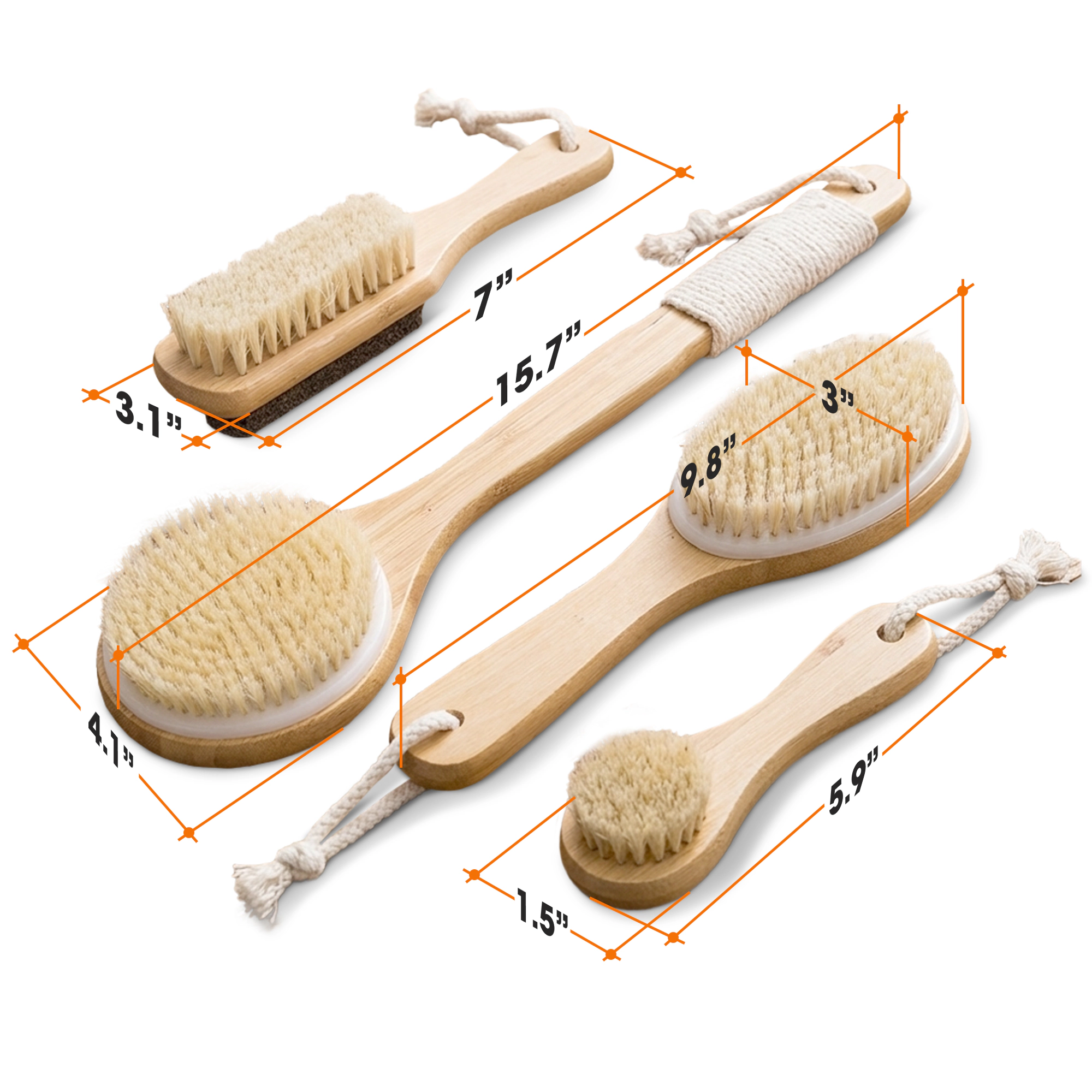 Cheer Collection 4 Piece Natural Bristle Shower Brush Set for Wet and Dry Body Exfoliation