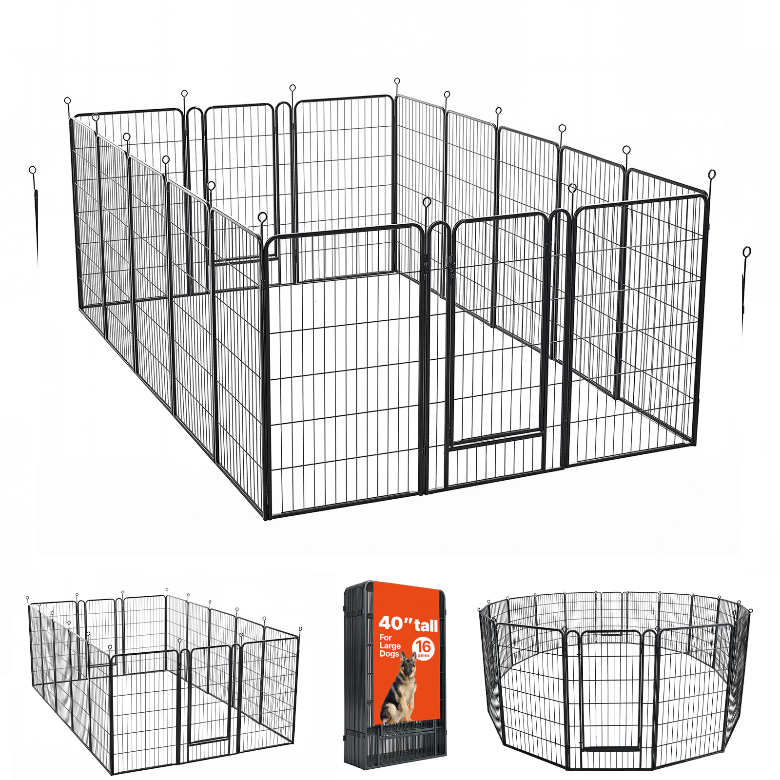 HONGGE 40-Inch 16-Panel Heavy Duty Metal Dog Exercise Pen for Large Dogs, Foldable Portable Pet Fence, Black