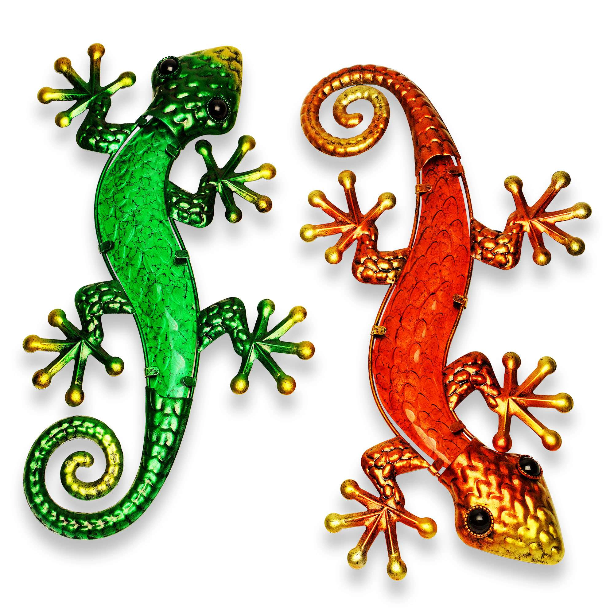 G128 Metal Gecko Wall Art Set of 2 Green & Orange Lizard Sculptures
