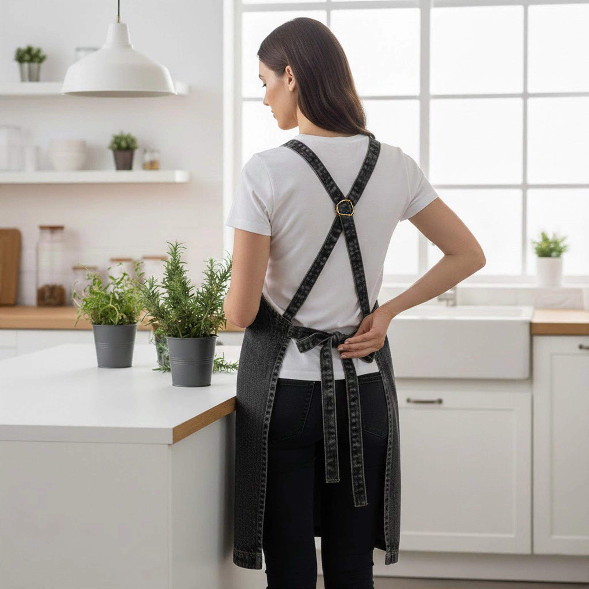 Alilang Unisex Adjustable Cross Back Denim Utility Apron with Multi Pocket Storage and Reinforced Hardware Design