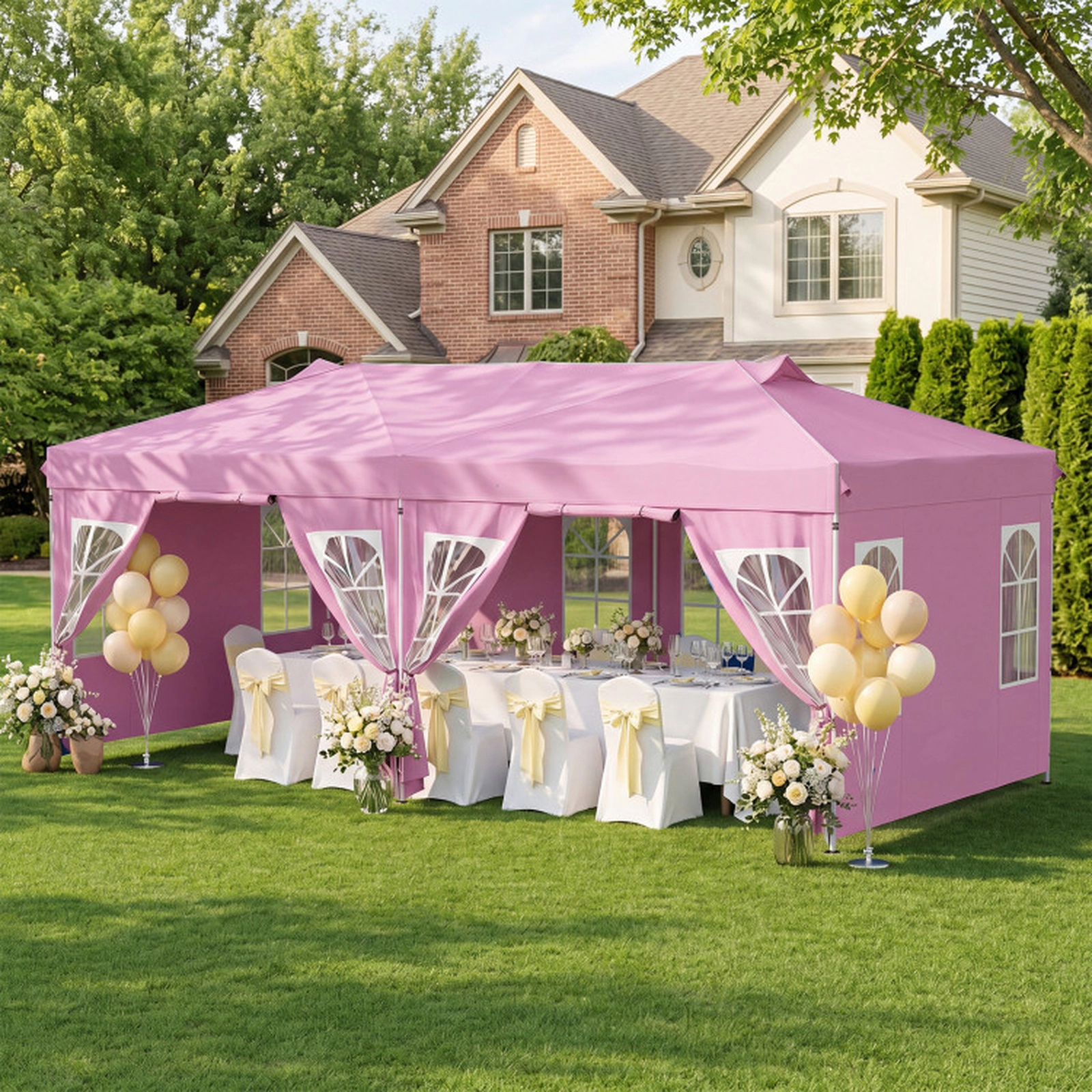 SUGIFT Pink 10-ft by 20-ft 3-Level 210D Oxford Pop Up Canopy Tent with 6 Sidewalls and Zippered Doors