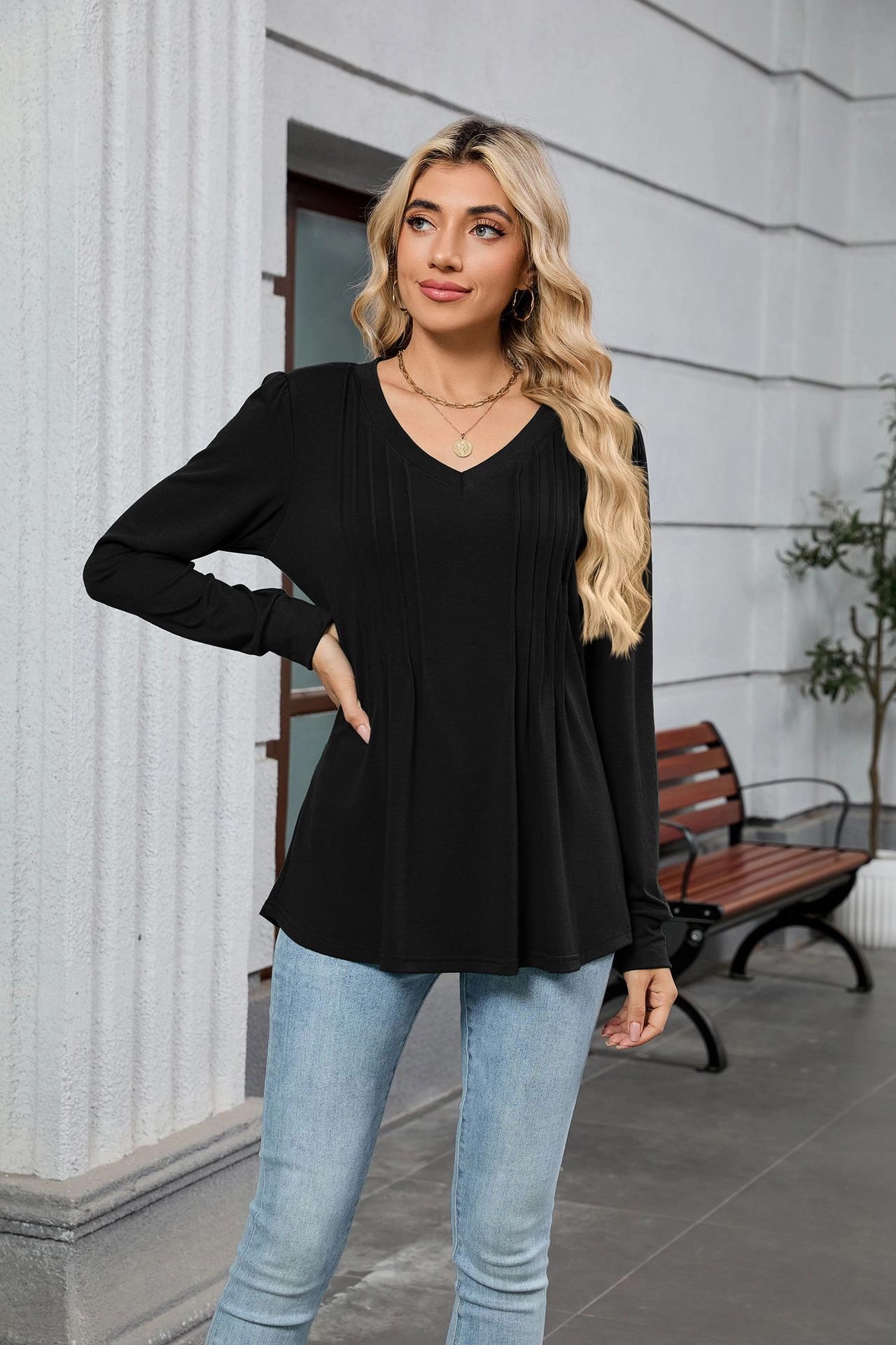 Enchanted Funland Womens V‑Neck Front Pleated Long Sleeve Curved Hem Tunic Tops