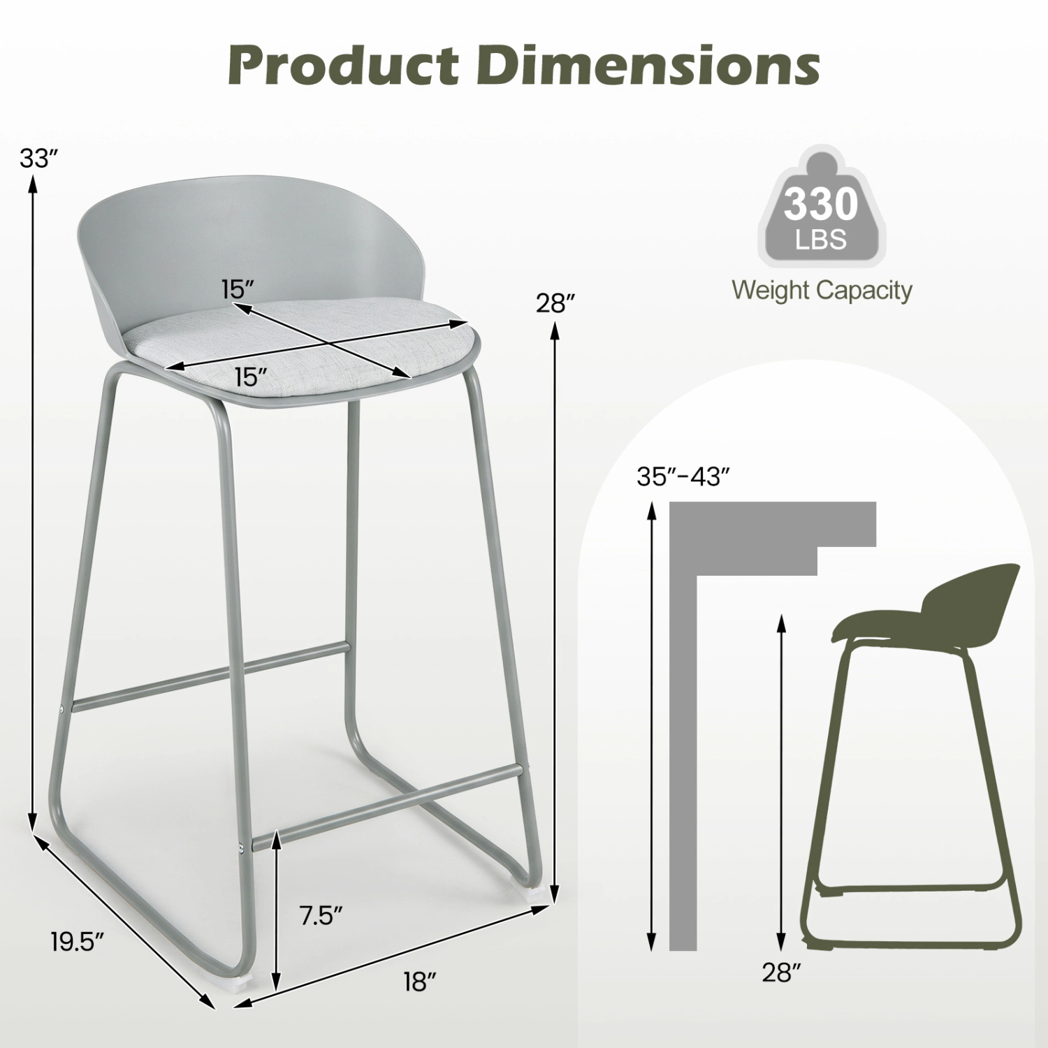 LJG Set of Counter Height Bar Stools with Curved Backrest and Metal Frame for Kitchen Dining