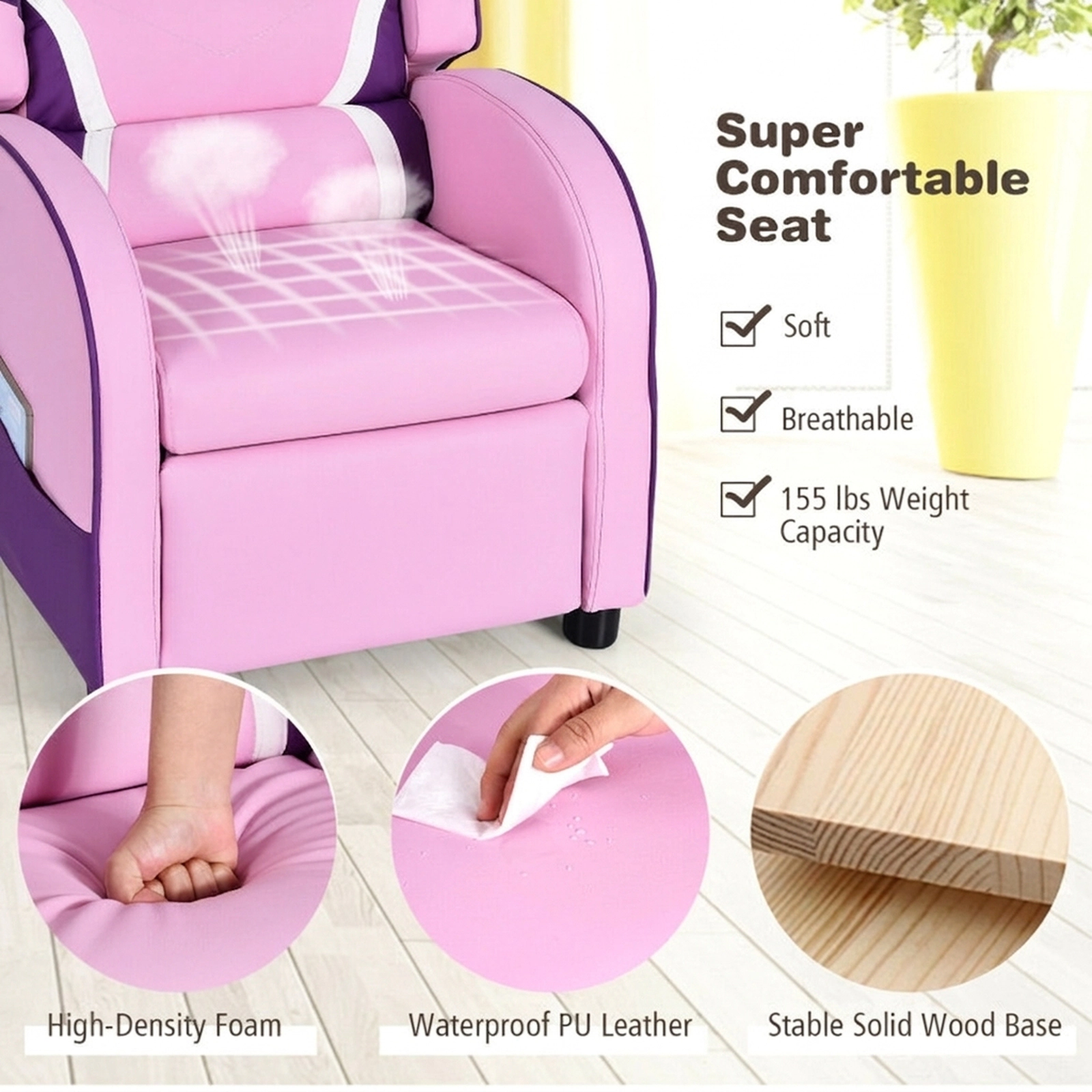 SUGIFT Pink Side Pockets and 150-Degree Recline Kids Leather Recliner Chair