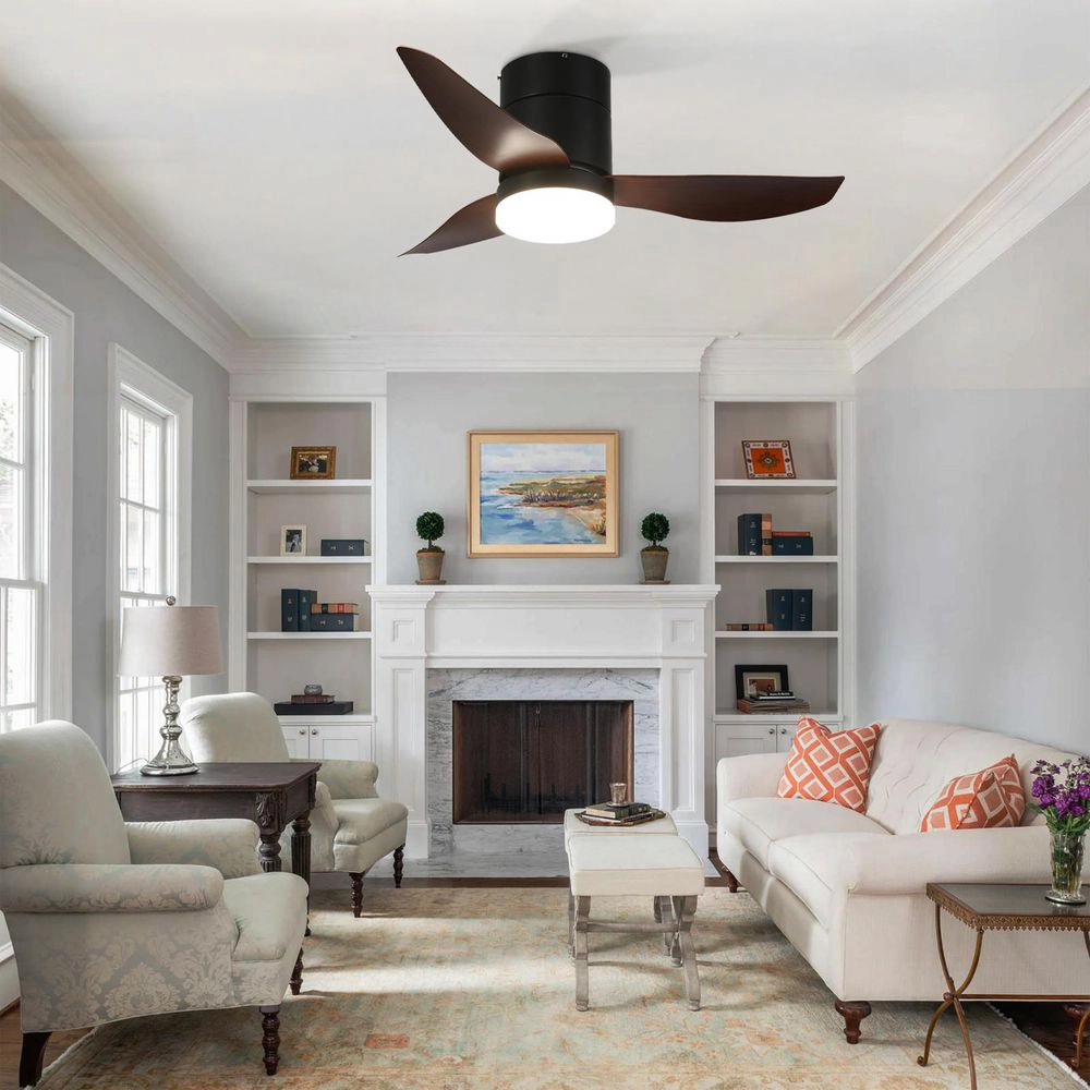 Flynama 36 in. Black Indoor Quiet DC Motor Flush Mount Standard Ceiling Fan with Light Remote Control 6-Speed Levels