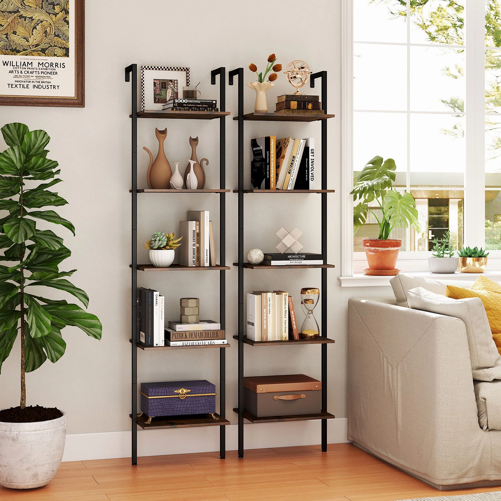 SlickBlue Wall Mounted Ladder Bookshelf with 5 Tier Storage and Metal Frame
