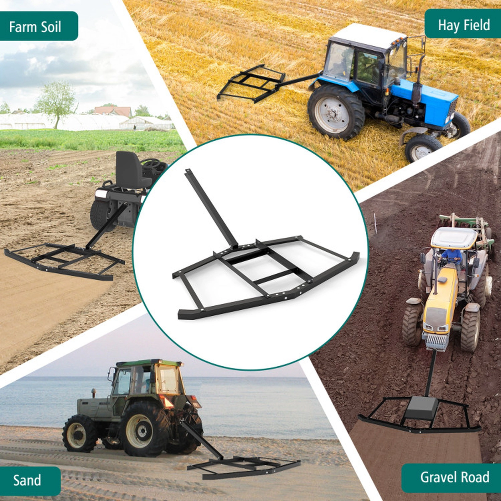 SUGIFT 66-in Wide Tow-Behind Driveway Drag Landscape Leveling Rake 80-lb Brick Capacity 43-lb Metal Frame Black 1-Pc