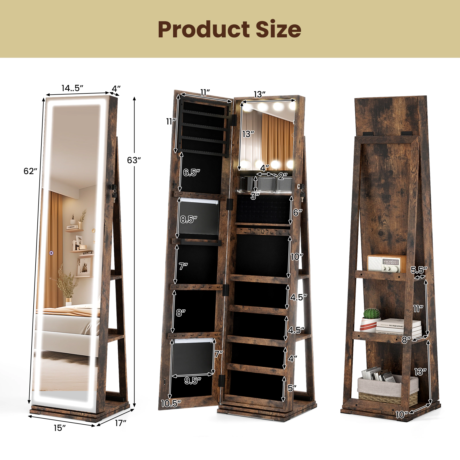 LJG 360° Swivel Freestanding Jewelry Cabinet with Lighted Full Length Mirror