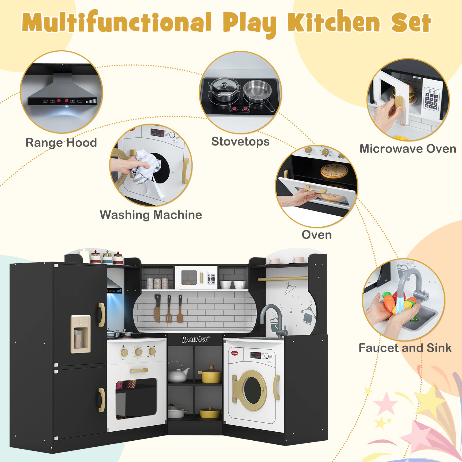 LJG Corner Kids Play Kitchen with Washing Machine and Ice Maker Gift for Boys Girls