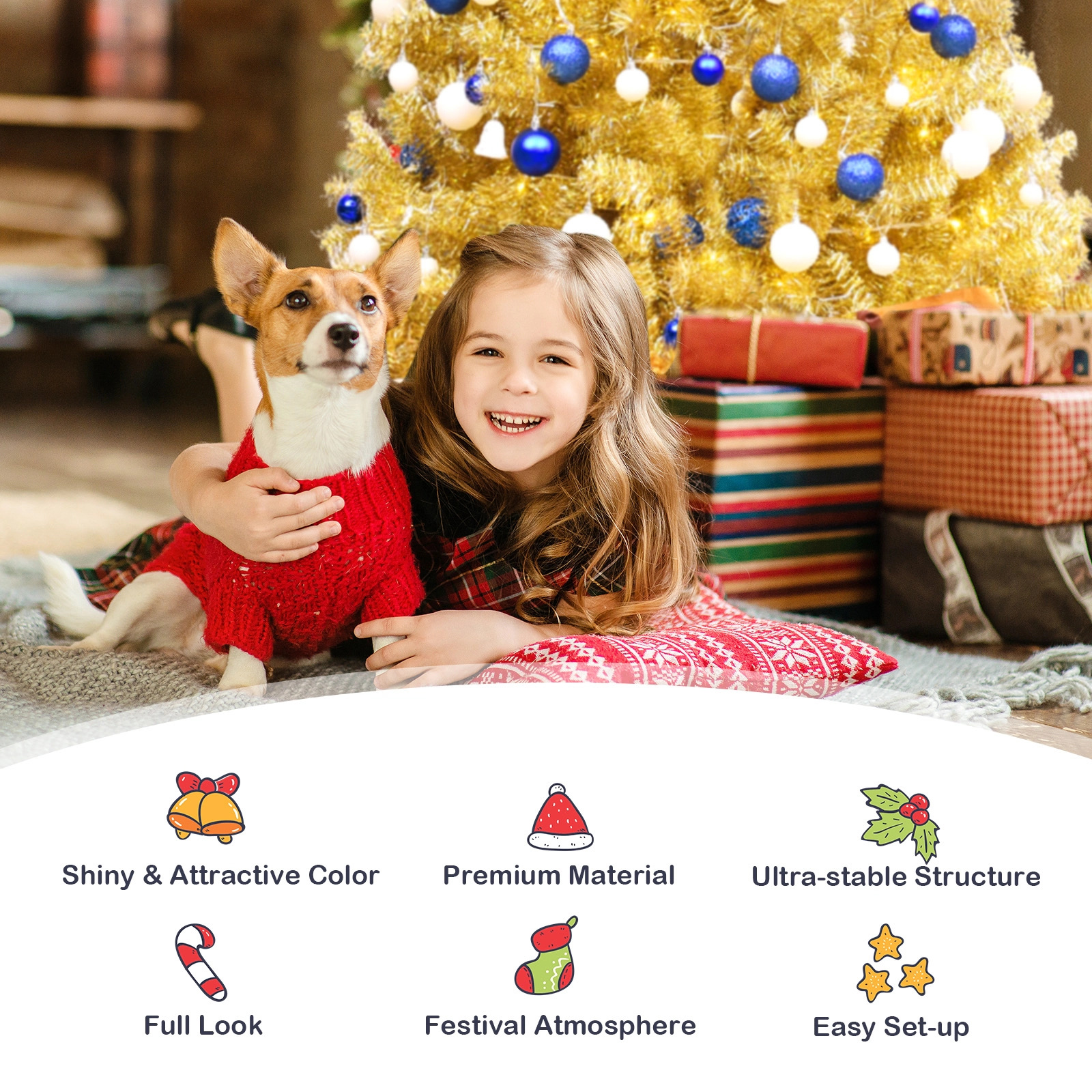 SUGIFT 6 ft Champagne Gold Tinsel Christmas Tree Hinged Artificial Tree with Foldable Stand