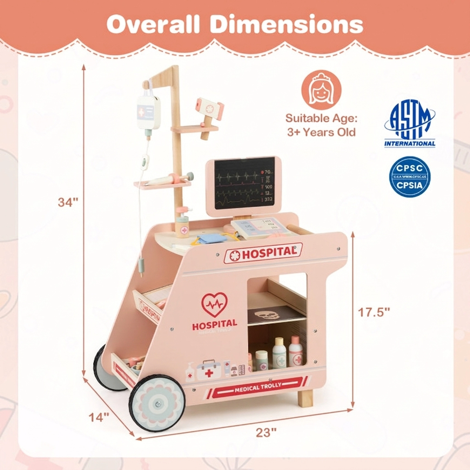 SUGIFT Pink Rolling Medical Cart and X-Ray Screen Kids Wooden Doctor Playset
