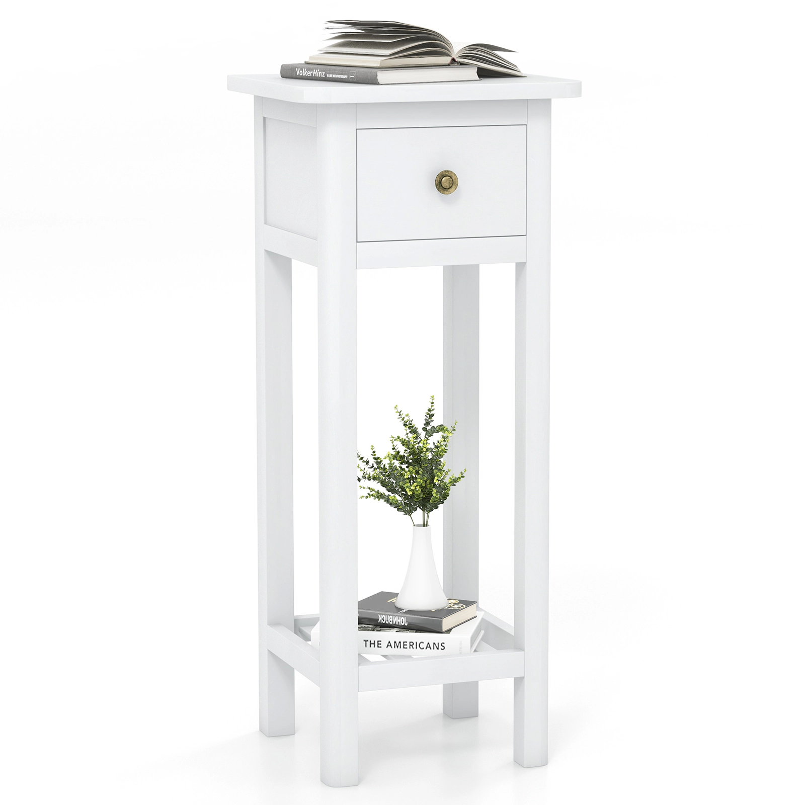 SUGIFT 2 Tier Slim Nightstand Bedside Table with Drawer Shelf 31.5-in Tall 155-lb Capacity Acacia Wood MDF White