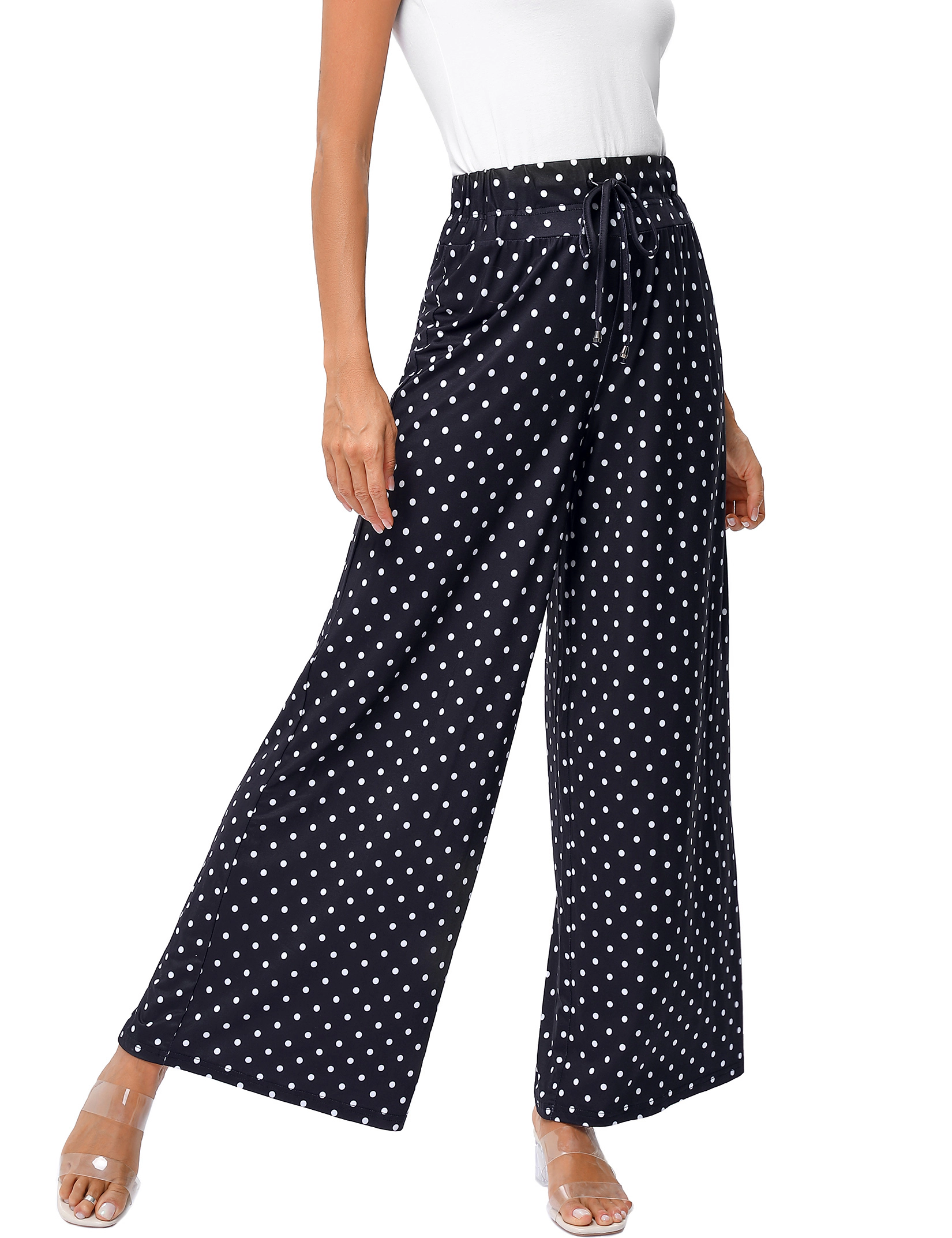 KOJOOIN Women's Wide Leg Pants Flowy Elastic High Waist Lounge Drawstring Long Palazzo Trousers