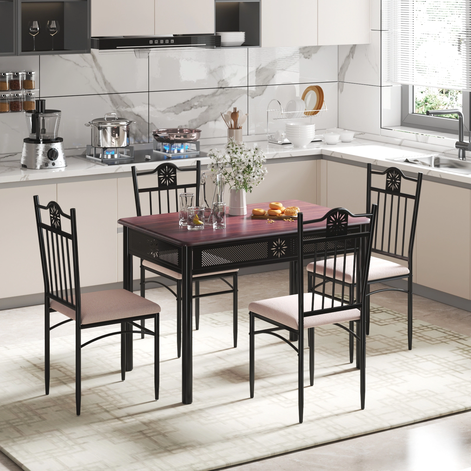 SUGIFT Natural 42 Inch Wood Metal Table and 4 Cushioned Chairs 5-Piece Dining Set
