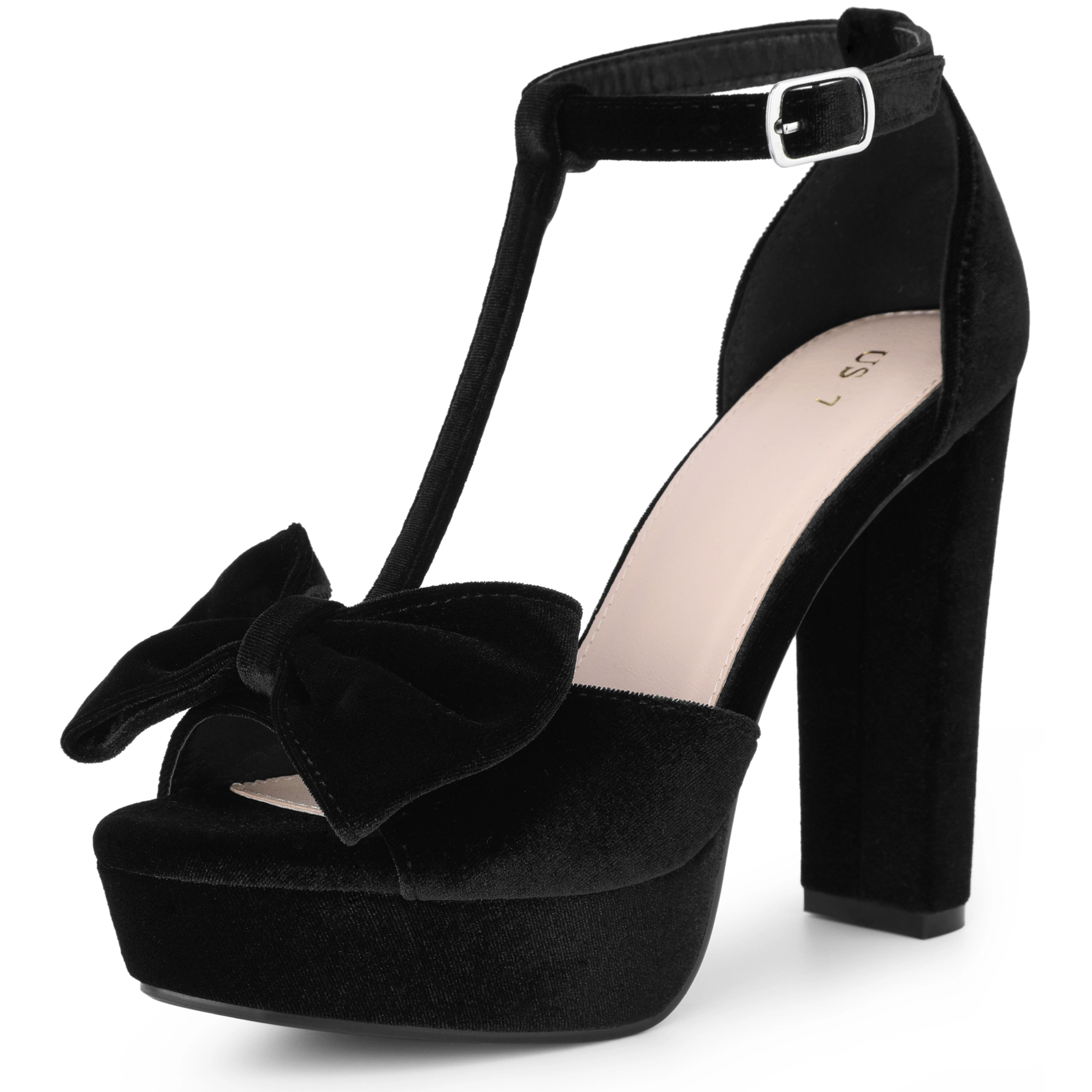 BLISSFUL STEP Women's Velvet Bow T-Strap Chunky High Heel Block Sandals